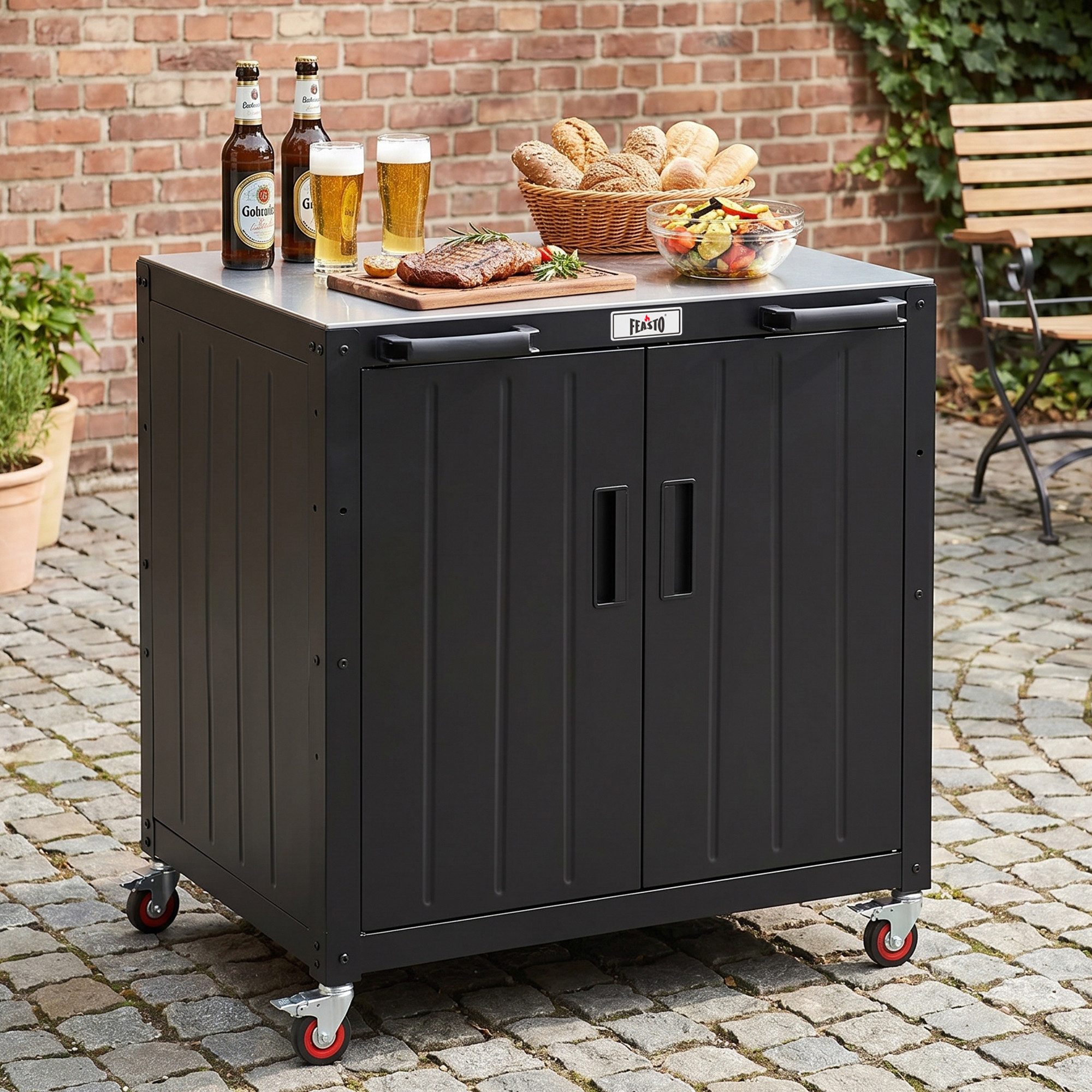 Feasto Servierwagen Grilltisch Wetterfest mit Edelstahl-Arbeitsplatte 90 x 65 x 83 cm, Multifunktionale Mobile Outdoor-Küche mit Stauraum