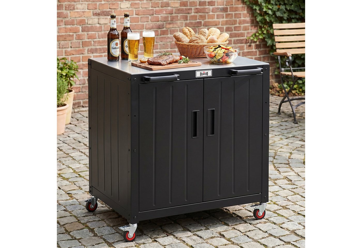 Feasto Servierwagen Grilltisch Wetterfest mit Edelstahl-Arbeitsplatte 90 x 65 x 83 cm, Multifunktionale Mobile Outdoor-Küche mit Stauraum