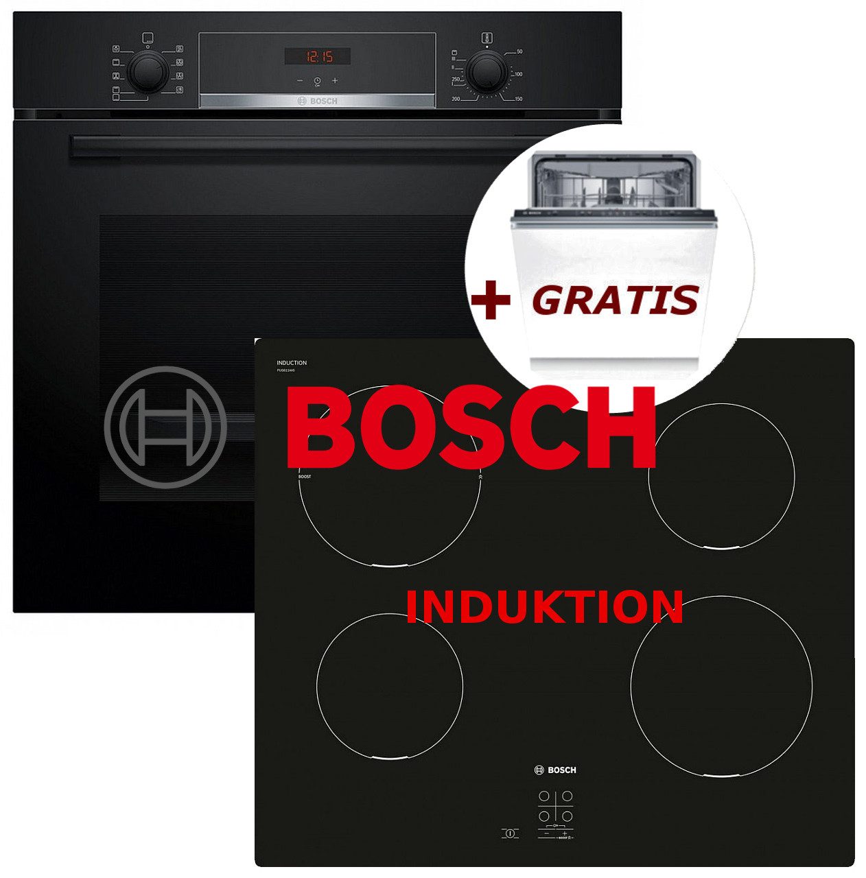 BOSCH Backofen-Set Bosch Induktion Herdset Autark + Gratis Spülmaschine Vollintegriert, mit 1-fach-Teleskopauszug