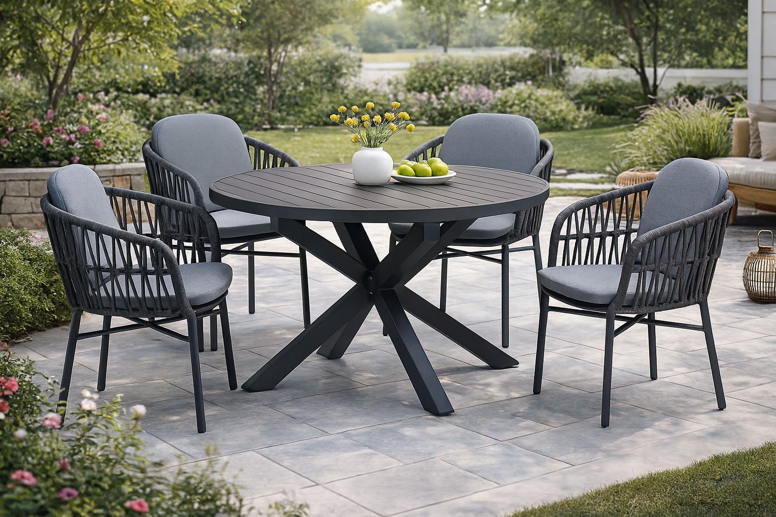 Destiny Garten-Essgruppe COMO ARONA Essgruppe 4 Se + Ausziehtisch Ø120/170 cm grau/anthr., (Set, 4 Stapelsessel inkl. Polster, 1 Tisch mit Synchronauszug), Aluminium, Rope