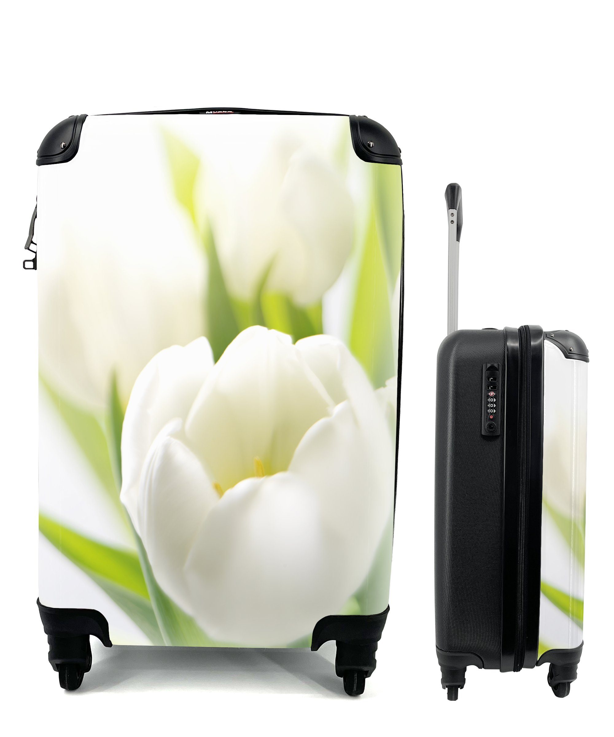 MuchoWow Handgepäckkoffer Nahaufnahme einer weißen Tulpe, 4 Rollen, Reisetasche mit rollen, Handgepäck für Ferien, Trolley, Reisekoffer
