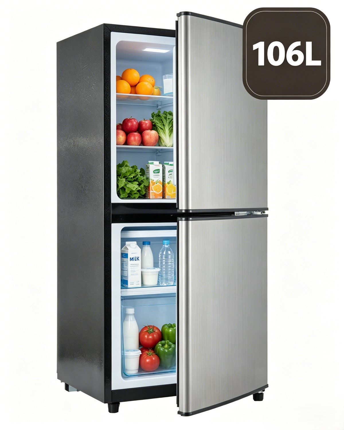 Rolipo Kühlschrank (60L+46L) 7-stufiger Temperaturregelung 45dB BCD-106W, 102 cm hoch, 42.5 cm breit, 106L Kompaktkühlschrank & Gefrierfach/LED