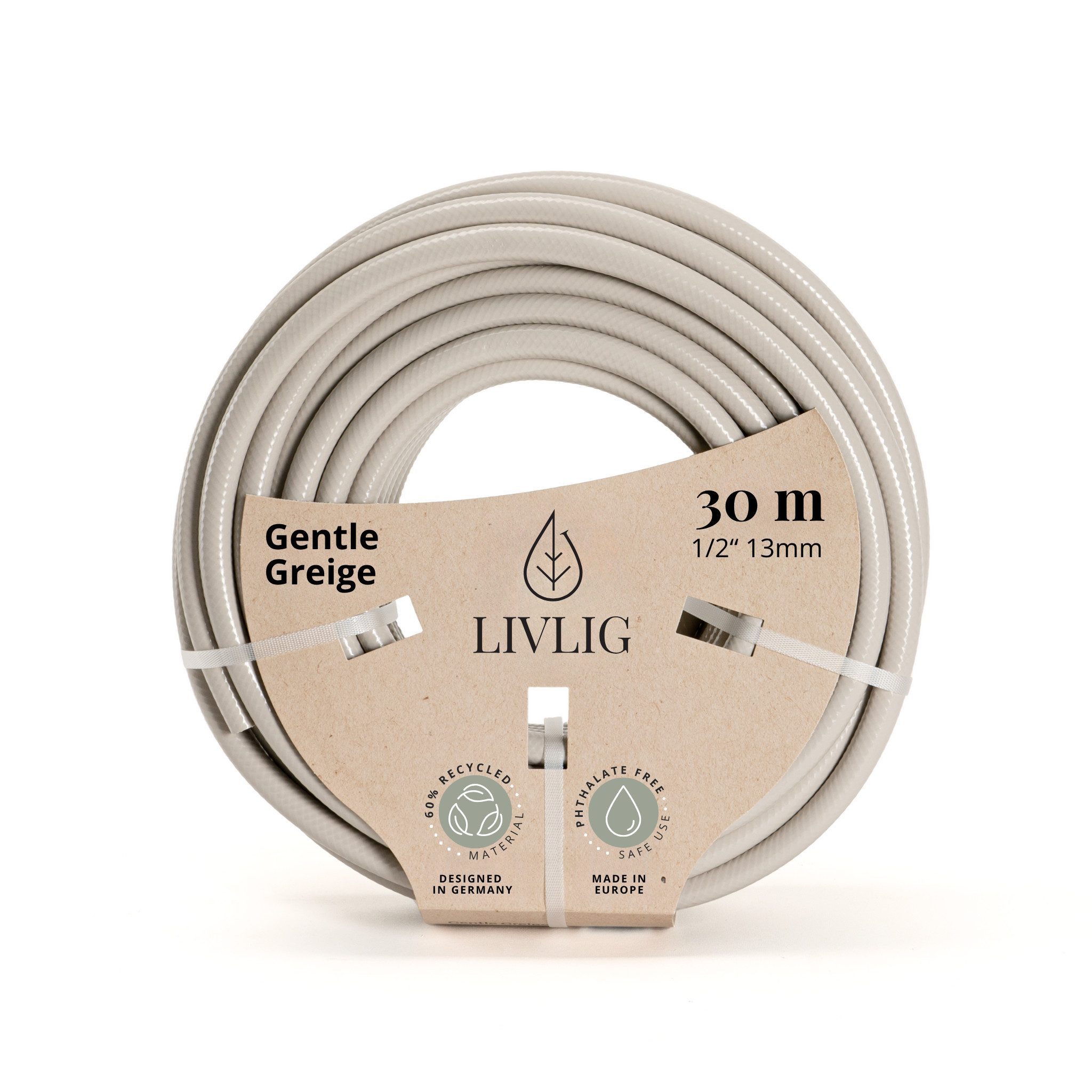 LIVLIG Gartenschlauch 1/2 Zoll, Schöner Gartenschlauch, Wasserschlauch 1/2 Zoll, Greige, Made in Europa, aus 60% recyceltem PVC