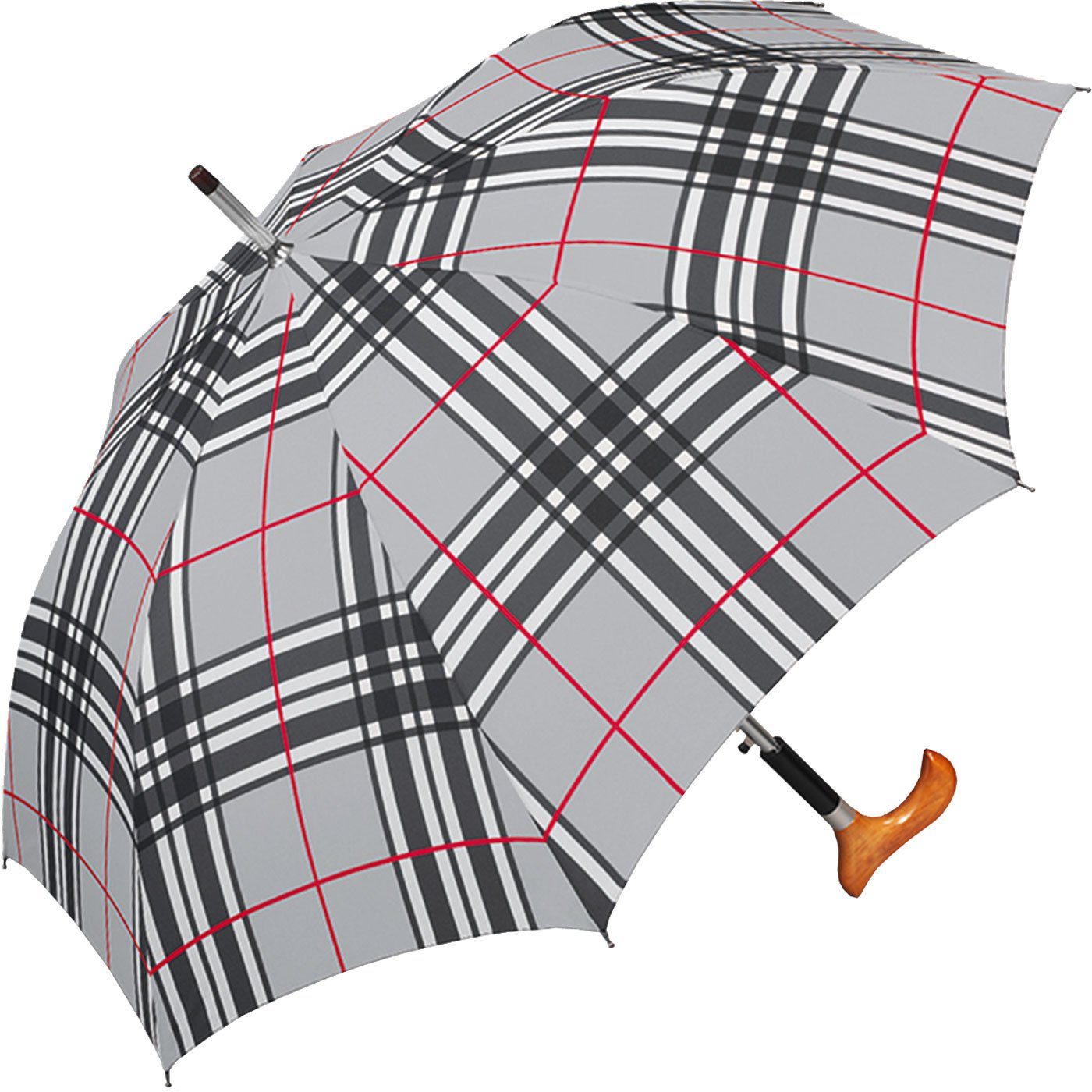happy rain® selection Stockregenschirm Stützschirm mit Auf-Automatik - Länge 83 cm, Holz-Fritzgriff, grau kariert - check light grey – Bild 5 von 5