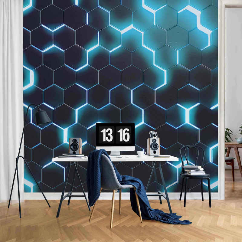 Bilderdepot24 Mustertapete Hexagone Neonlicht Türkis 3D-Optik Muster Neon Art Gaming schwarz, Glatt, Matt, (Inklusive Gratis-Kleister oder selbstklebend), Jugendzimmer Gaming Zimmer Tapete Wohnzimmer Vliestapete Wandtapete