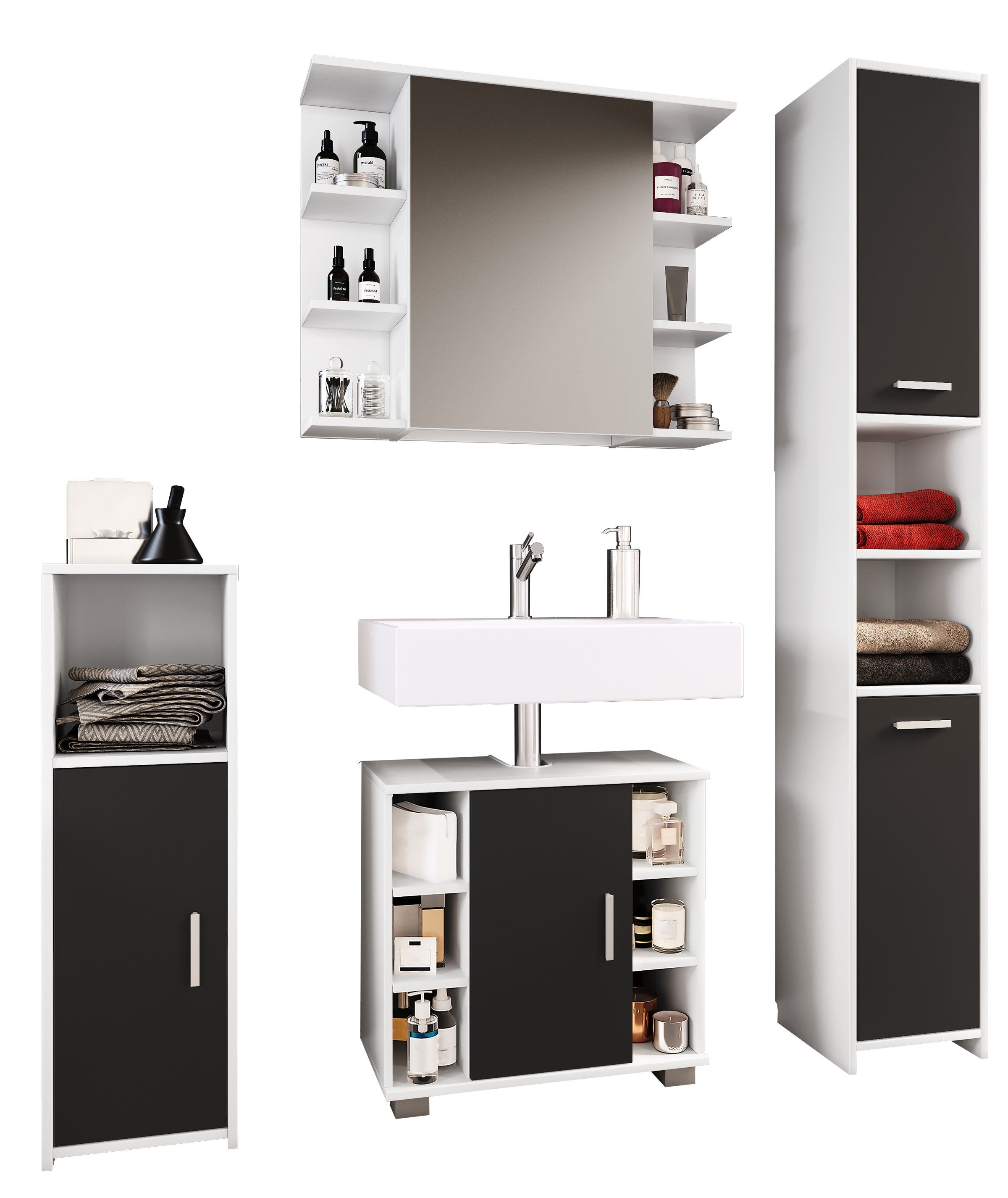 VCM Badmöbel-Set 4-tlg. Komplett Badmöbel Badschrank Set Zalo ll, (4-St., 1x Spiegelschrank 1x Midischrank 1x Unterschrank 1x Hochschrank)