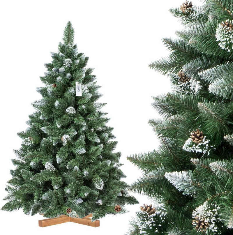 Fairytrees Künstlicher Weihnachtsbaum Natur-Weiss beschneit, Kiefer, mit echten Tannenzapfen und Echtholz Baumständer