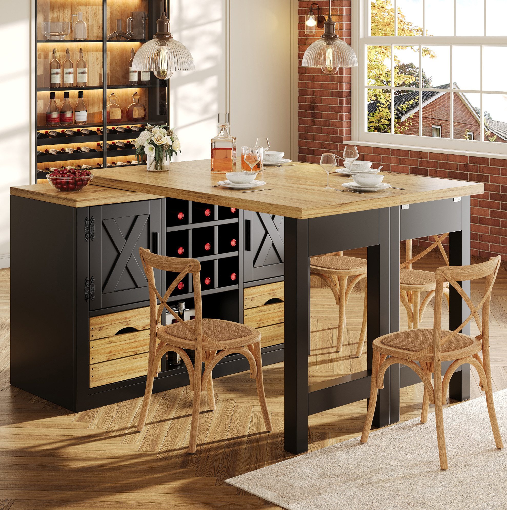 REDOM Kücheninsel Ausziehbarer Esstisch, (mit Sideboard, 360° drehbarer Tischplatte und großem Stauraum für Küche und Wohnzimmer)