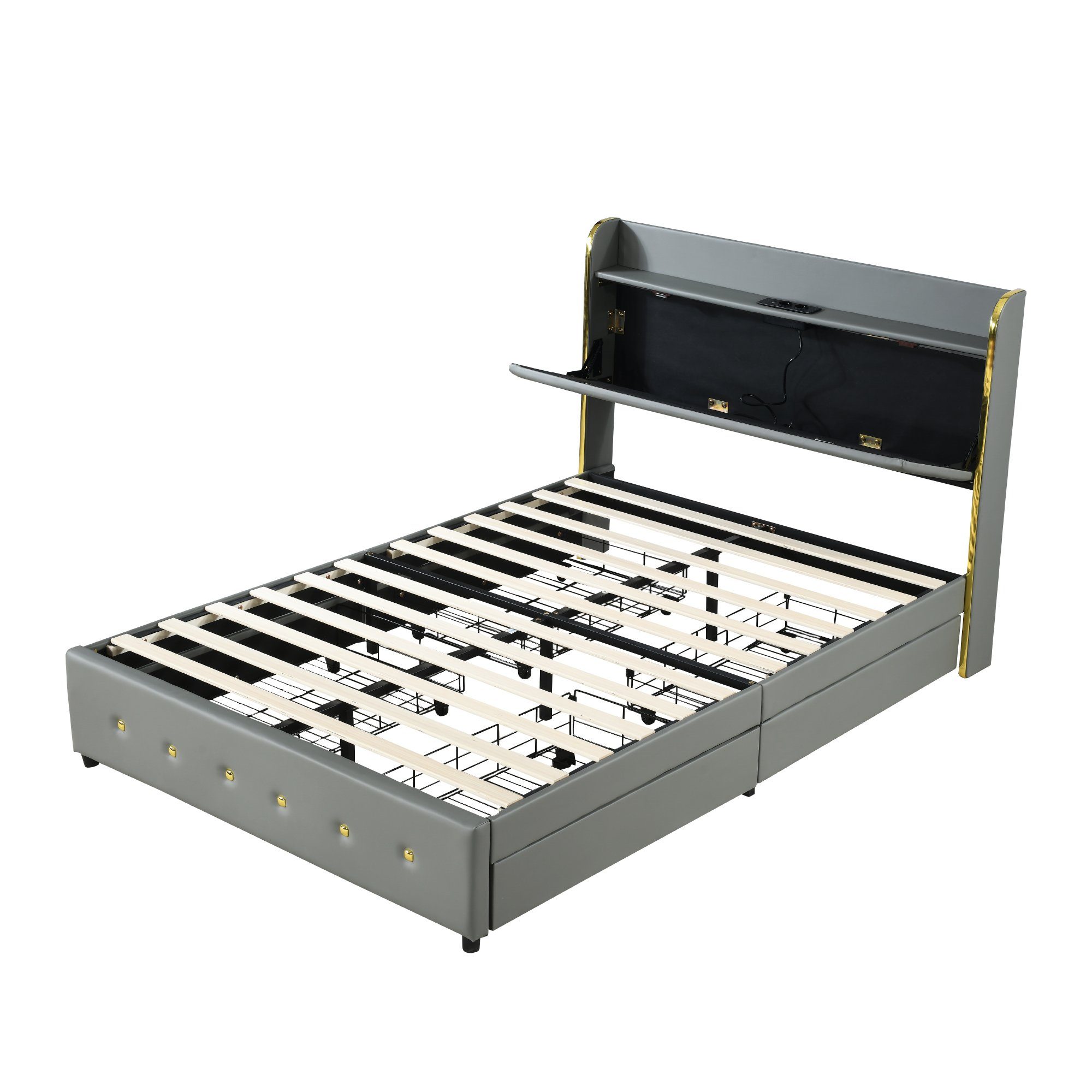 Polsterbett (Stauraumbett, Doppelbett), mit USB Typ C Ladefunktion und 4 Schubladen, Kunstleder, 140x200cm