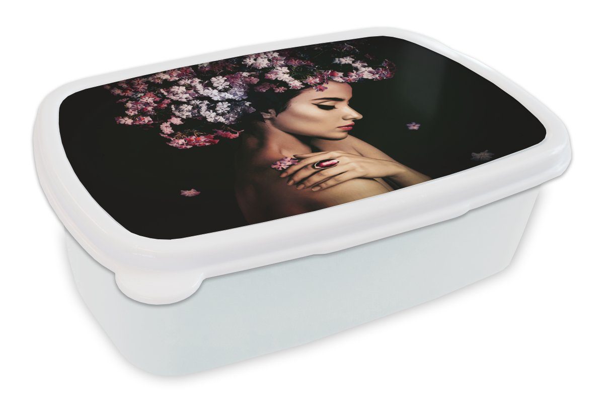 MuchoWow Lunchbox Blossom - Frau - Rosa - Luxus, Kunststoff, (2-tlg), Brotbox für Kinder und Erwachsene, Brotdose, für Jungs und Mädchen weiß