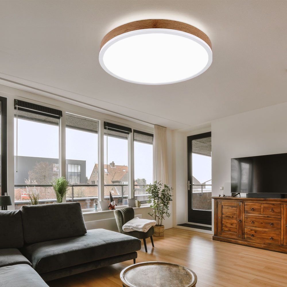 GLOBO LIGHTING LED Deckenleuchte, LED-Leuchtmittel fest verbaut, Warmweiß, LED Deckenlampe Wohnzimmerleuchte Metall Holzoptik MDF warmweiß D 45cm