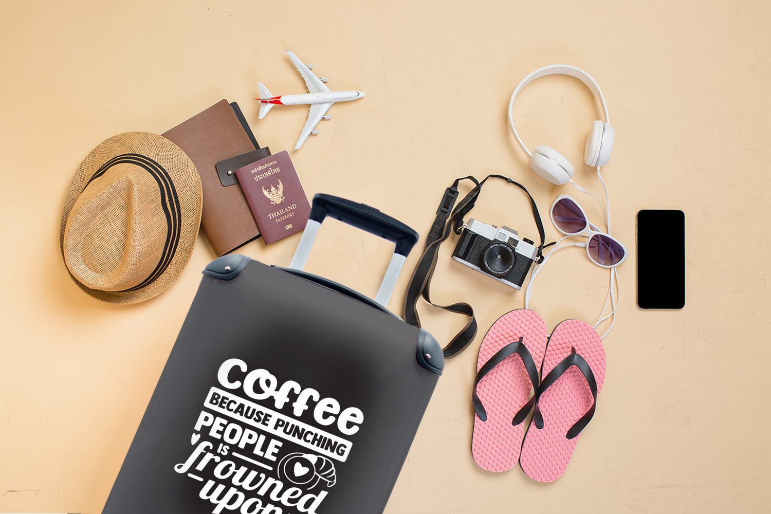 mit für - Ferien, Zitate Trolley, rollen, Schwarz, Rollen, Handgepäck Reisekoffer 4 MuchoWow Kaffee Reisetasche Handgepäckkoffer -