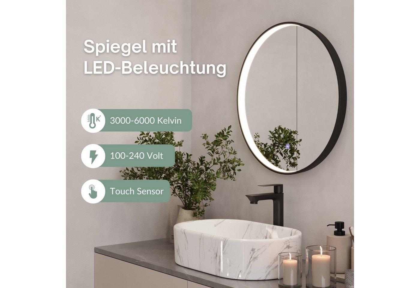 Thumbnail - Planetmöbel Badspiegel Spiegel VELUNA rund 60 - 100 cm (3000-6500k), für Badezimmer, Flur oder Garderobe