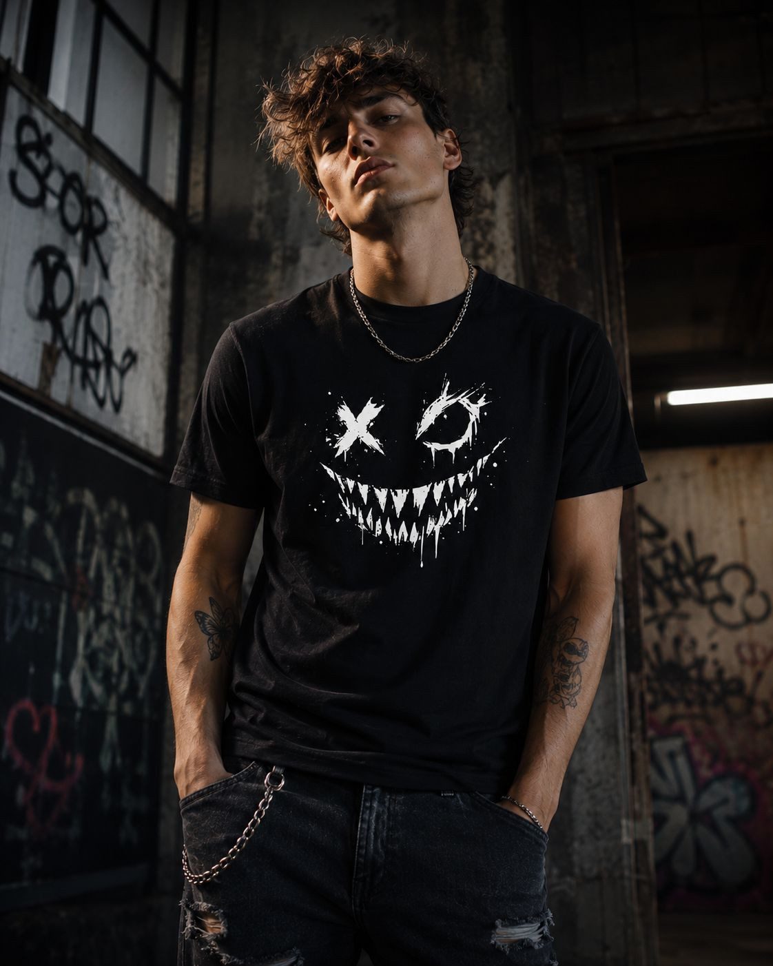 coole-fun-t-shirts Print-Shirt Herren T-Shirt Schwarz mit Horror Smiley Print GrinX Streetwear GrinX T-Shirt Horror Grinsen Schwarz Herren
