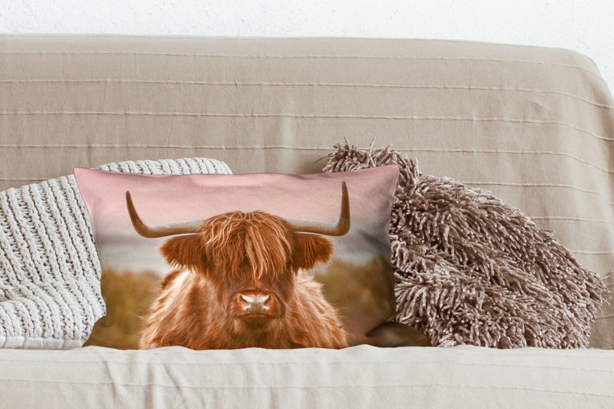 MuchoWow Dekokissen Kuh - Tier, - Füllung, Dekokissen Wohzimmer Highlander Schottischer Schlafzimmer mit Zierkissen, Dekoration