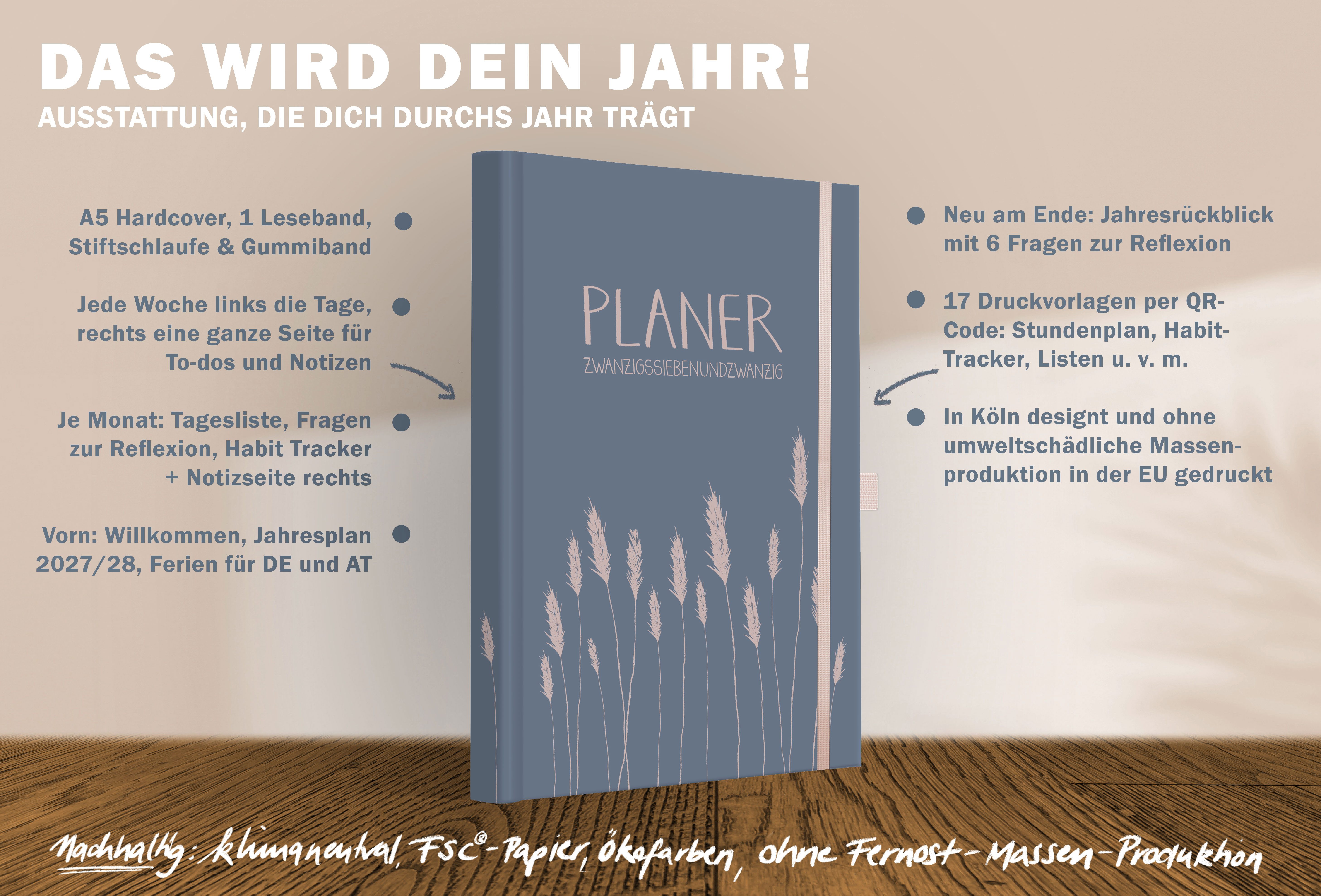 Eine der Guten Verlag Terminkalender Terminplaner 2027 - A5, blau rosa, 1 Doppelseite / Woche, FSC-Papier, Hardcover, Gummiband, Stiftschlaufe – Bild 3 von 5