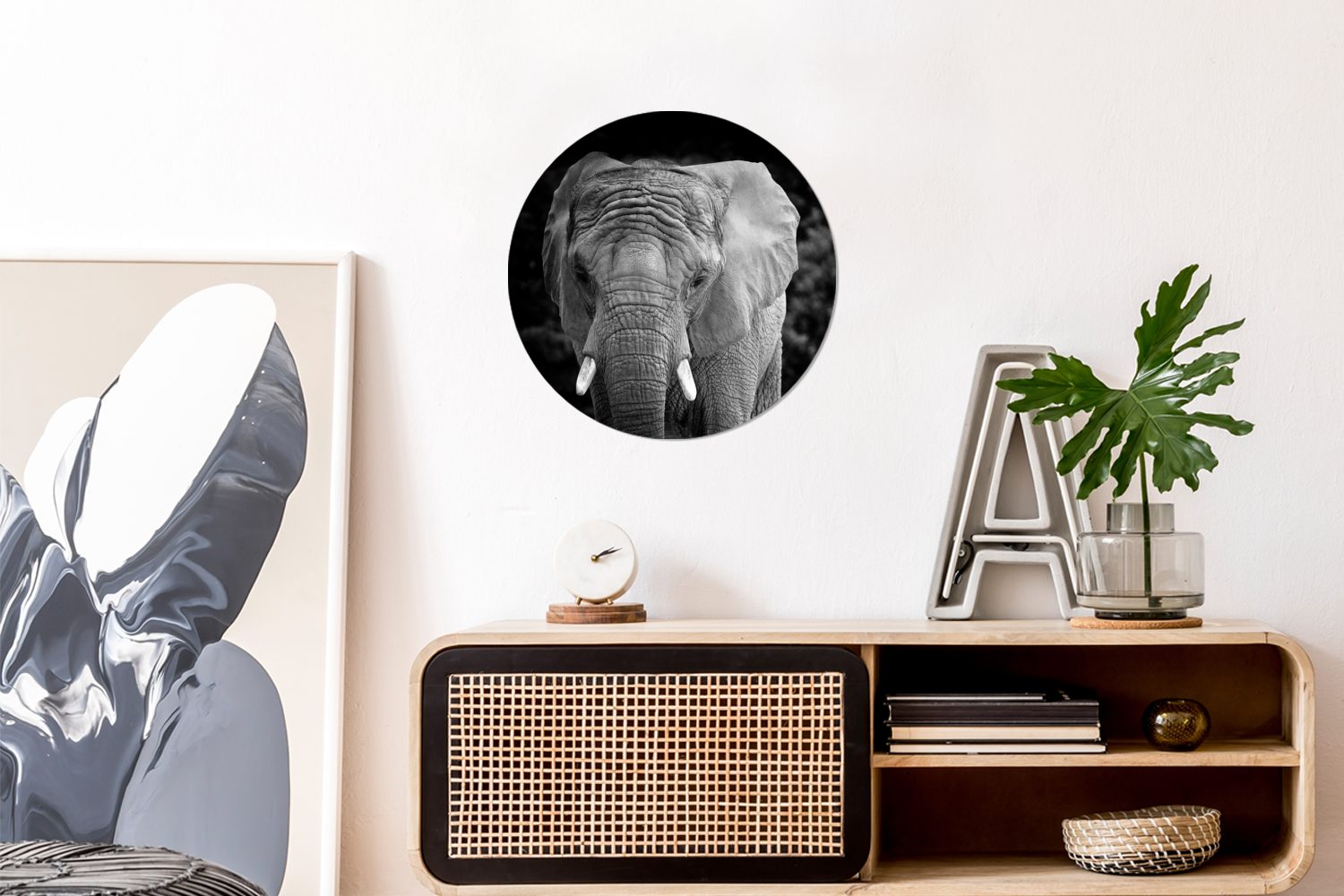 Weiß Elefant Wandsticker Wohnzimmer (1 Afrika - Schwarz Rund, Tapetenaufkleber, St), - für - Kinderzimmer, Tapetenkreis MuchoWow