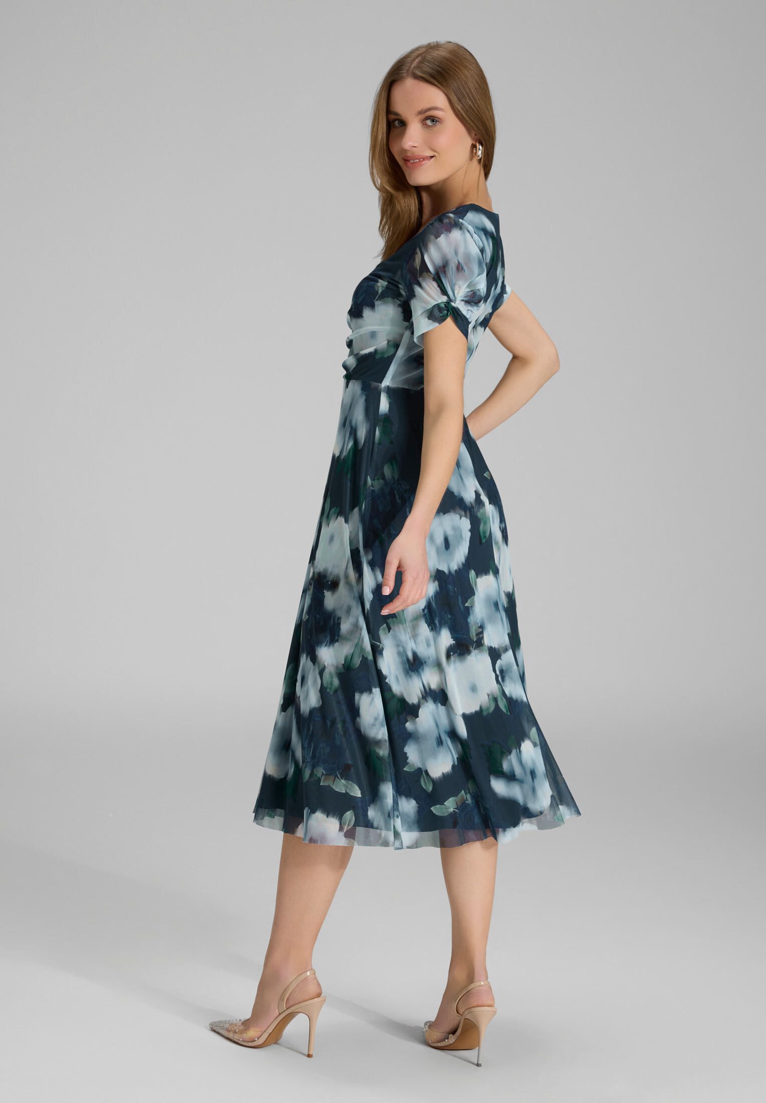 SWING Cocktailkleid - Midi Kleid mit Ärmel aus Mesh mit Ikat Druck Taillier günstig online kaufen