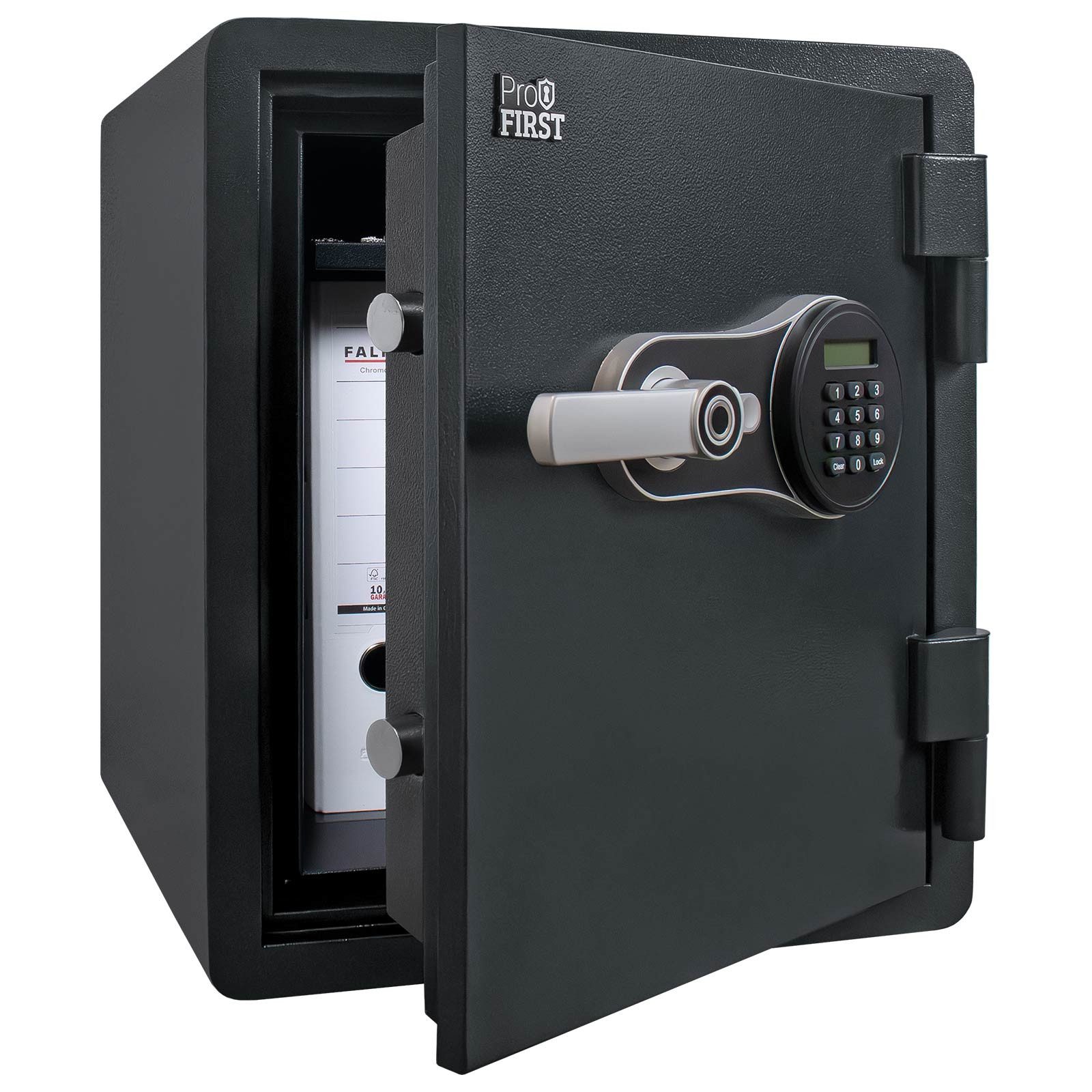 Profirst Feuerschutztresor FireGuard 50 Elektronikschloss mit Fingerprint (Notöffnung, Panikverschluss, LED-Beleuchtung, verstellbarer Fachboden, inkl. Befestigungsmaterial, 530x460x470 mm), 60 Minuten Feuerschutz nach UL-Test