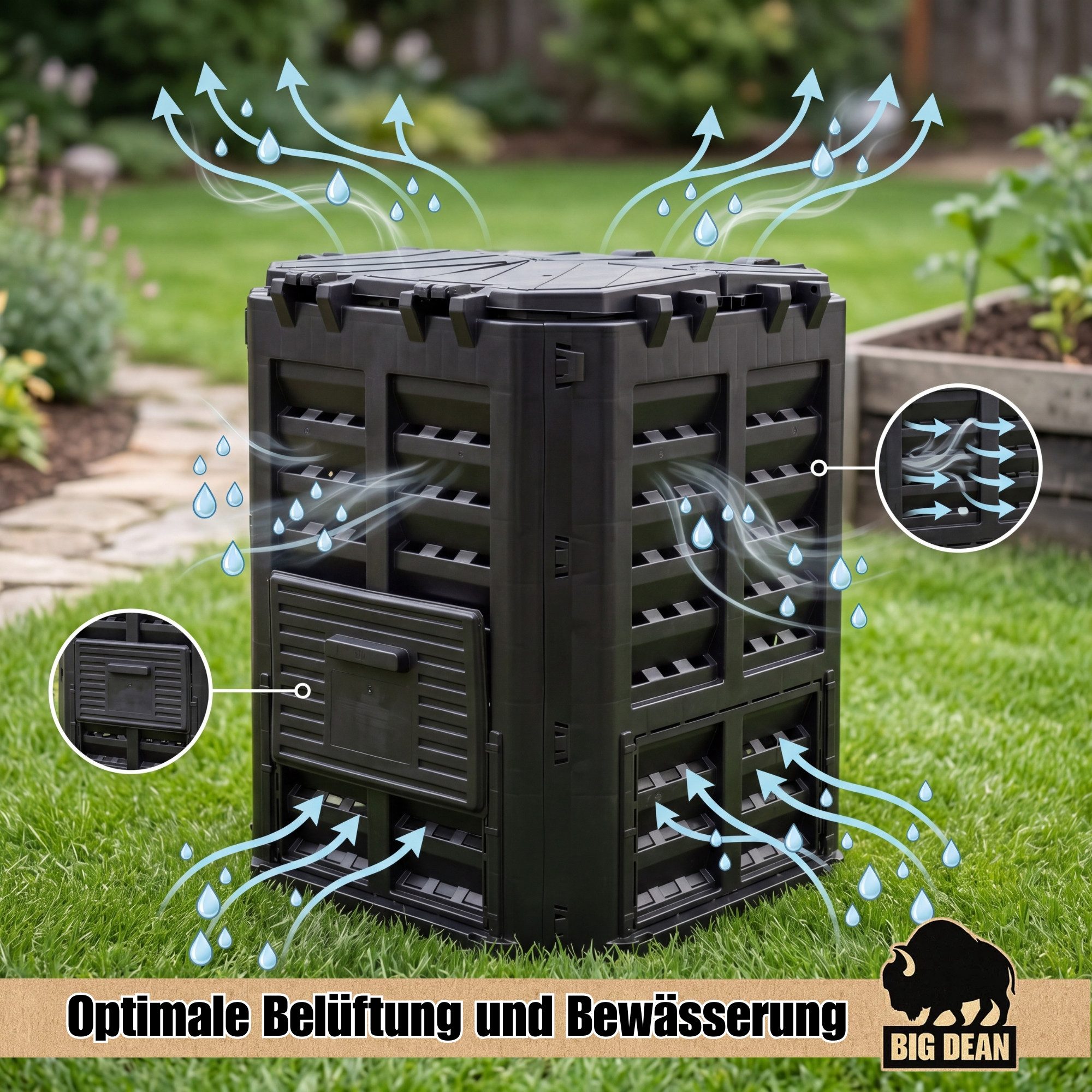 BigDean Schnellkomposter 360L Garten UV-beständig Wetterfest Frostsicher Schwarz, BxTxH: 69x69x84 cm, 360 l, (7 St), Intelligentes Belüftungssystem, Praktische  – Bild 4 von 5