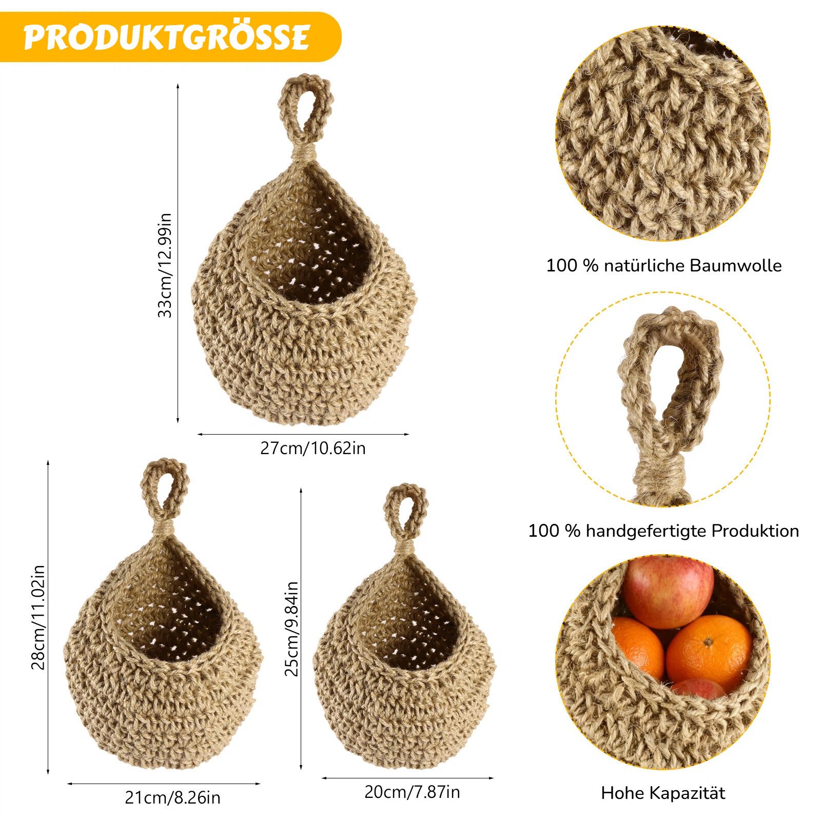 BlingBin Hängekorb Obstkorb Hängend Geflochten, 3 Stück Handgewebt Wandkorb (3er Set, 3 St., Extra groß: 33 × 27 cm; Groß: 28 × 21 cm; Mittel: 25 × 20 cm), Aufbewahrungskorb für Küche Deko, Wohnzimmer, Schlafzimmer