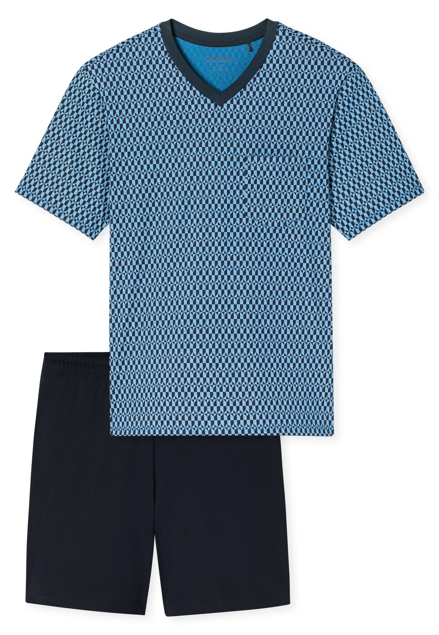 Schiesser Shorty Comfort Nightwear (2 tlg) mit klassischem Karo-Muster, V-Ausschnitt und aufgesetzter Brusttasche