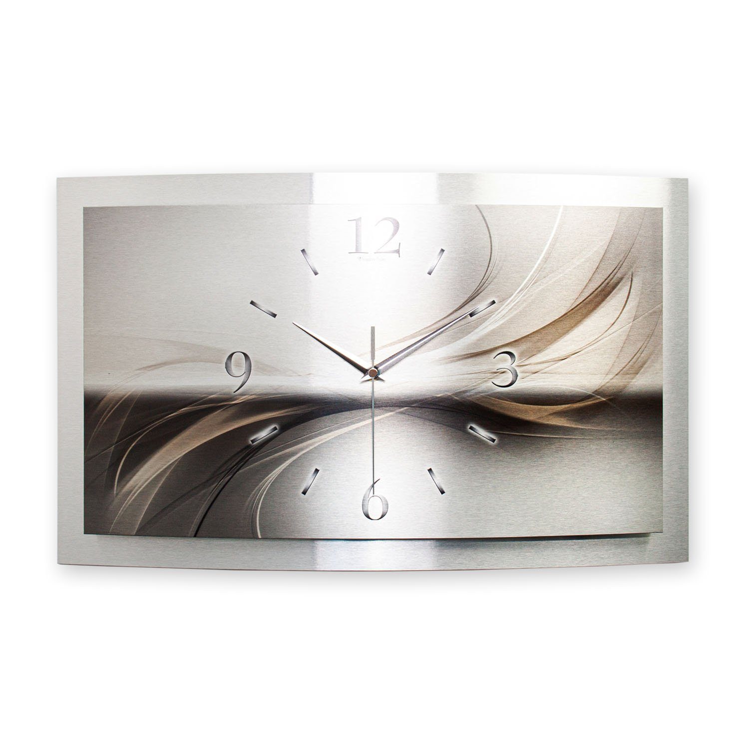 Kreative Feder Funkwanduhr 3D Designer-Wanduhr „Silverline“ aus gebürstetem Aluminium (3D-Wölbung, einzigartiges Zwei-Platten-Design, flüsterleises Uhrwerk)