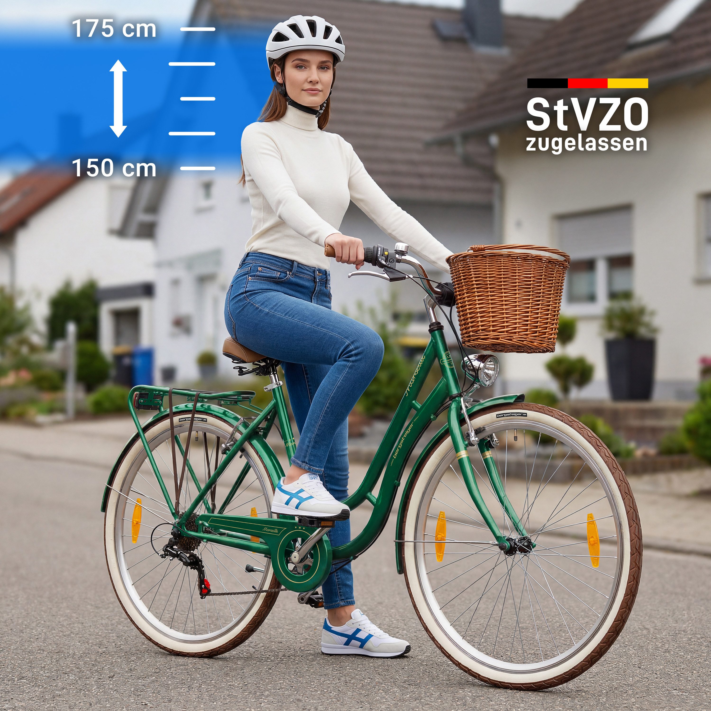 bergsteiger Cityrad Marseille 26 Zoll, 28 Zoll Damenfahrrad, ab 150 cm, Korb aus Rattan, 6 Gang, Kettenschaltung, V-Bremsen
