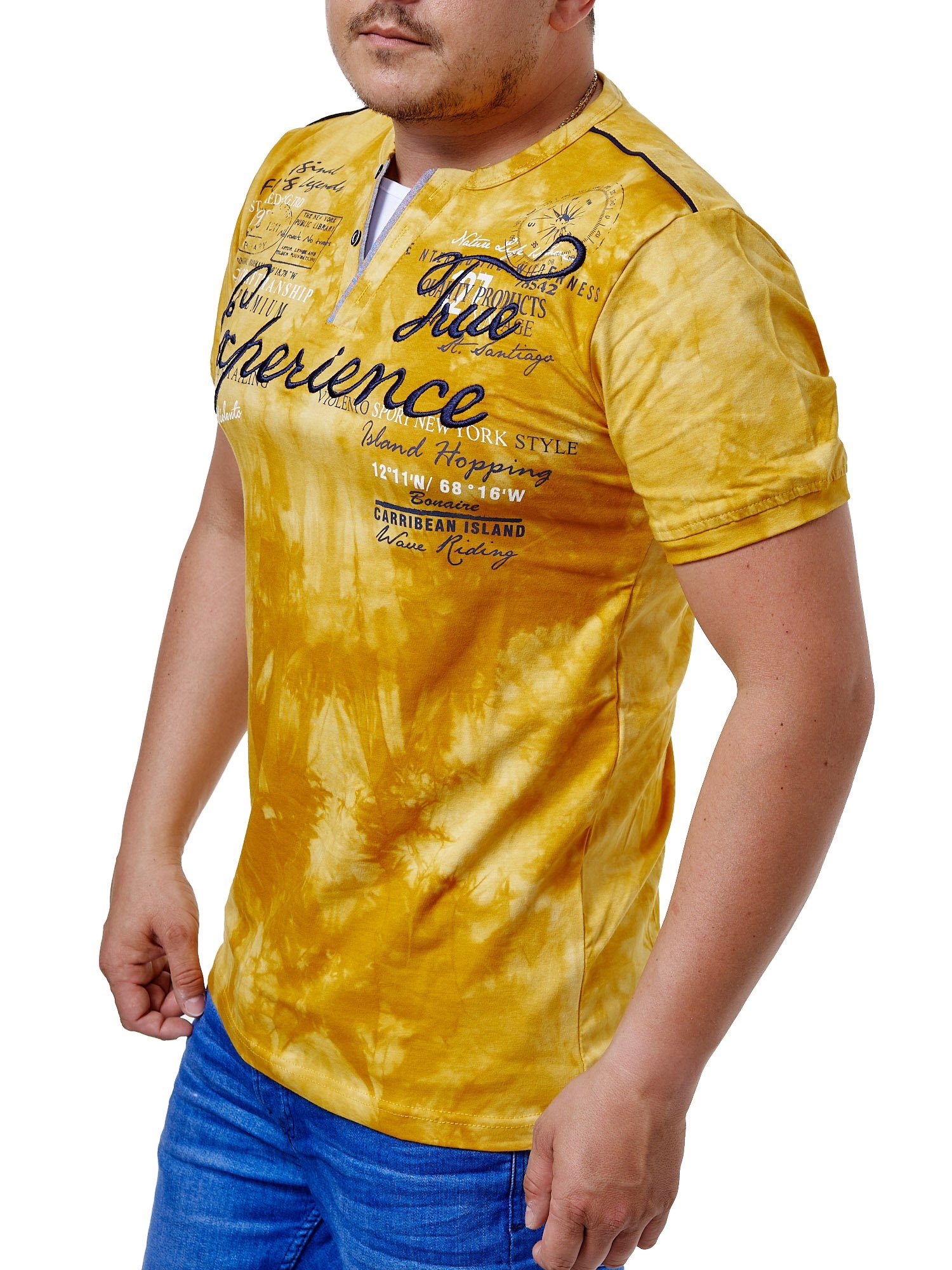 L.gonline Kurzarmshirt Herren T-Shirt mit (Shirt Details, mit Freizeit Fitness Kurzarm Casual Gelb gestickten Knopfleiste, Tee, 1-tlg) Kurzarmshirt