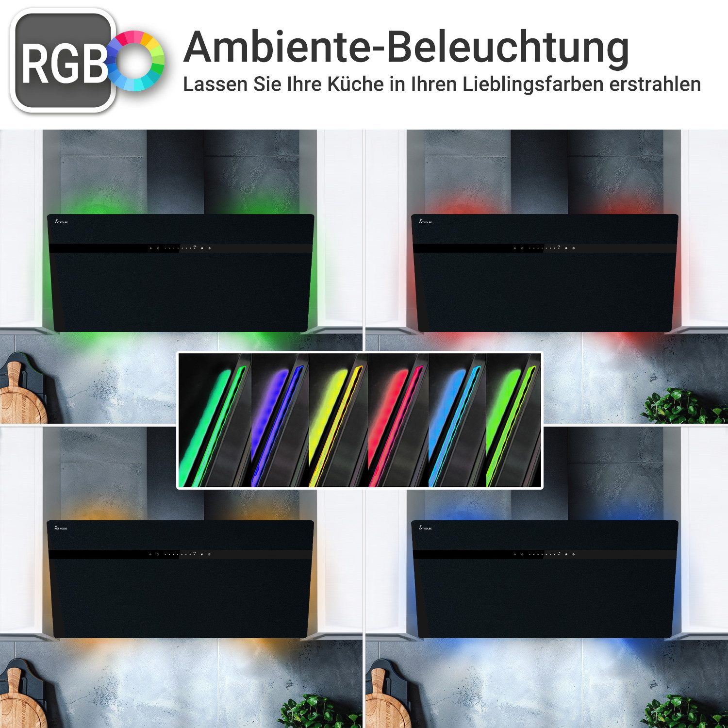 KKT KOLBE Wandhaube Dunstabzugshaube 90cm STYLE9005SMAO RGBW Ambientebeleuchtung Dunstabzugshaube 90cm STYLE9005SMAO RGBW Ambientebeleuchtung, Kopffrei / 90cm / Smarte WiFi-App / Schwarz / Glas / Schräghaube