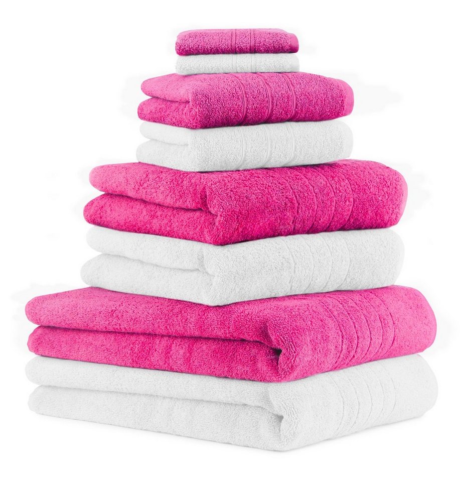 Betz Handtuch Set 8-TLG. Handtuch-Set Deluxe 100% Baumwolle 2 Badetücher 2  Duschtücher 2 Handtücher 2 Seiftücher Farbe weiß und Fuchsia, 100% Baumwolle,  (8-tlg)
