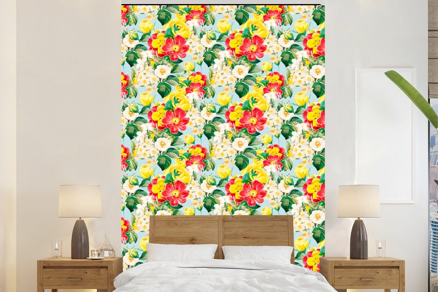 MuchoWow Fototapete Blumen - Pastell - Farben, Matt, bedruckt, (3 St), Montagefertig Vinyl Tapete für Wohnzimmer, Wandtapete