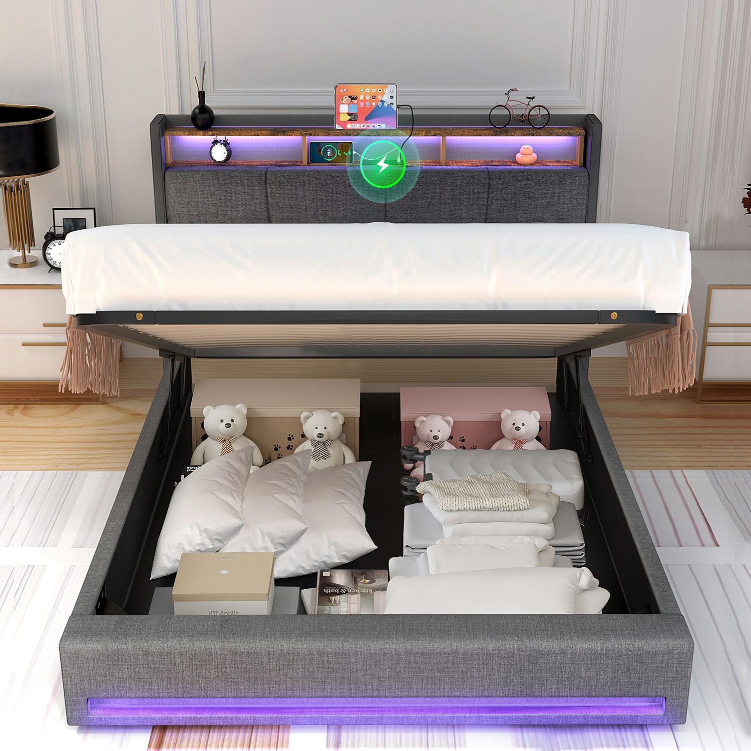 oyajia Polsterbett Doppelbett mit LED Licht 140x200cm,Hydraulisch anhebbare günstig online kaufen