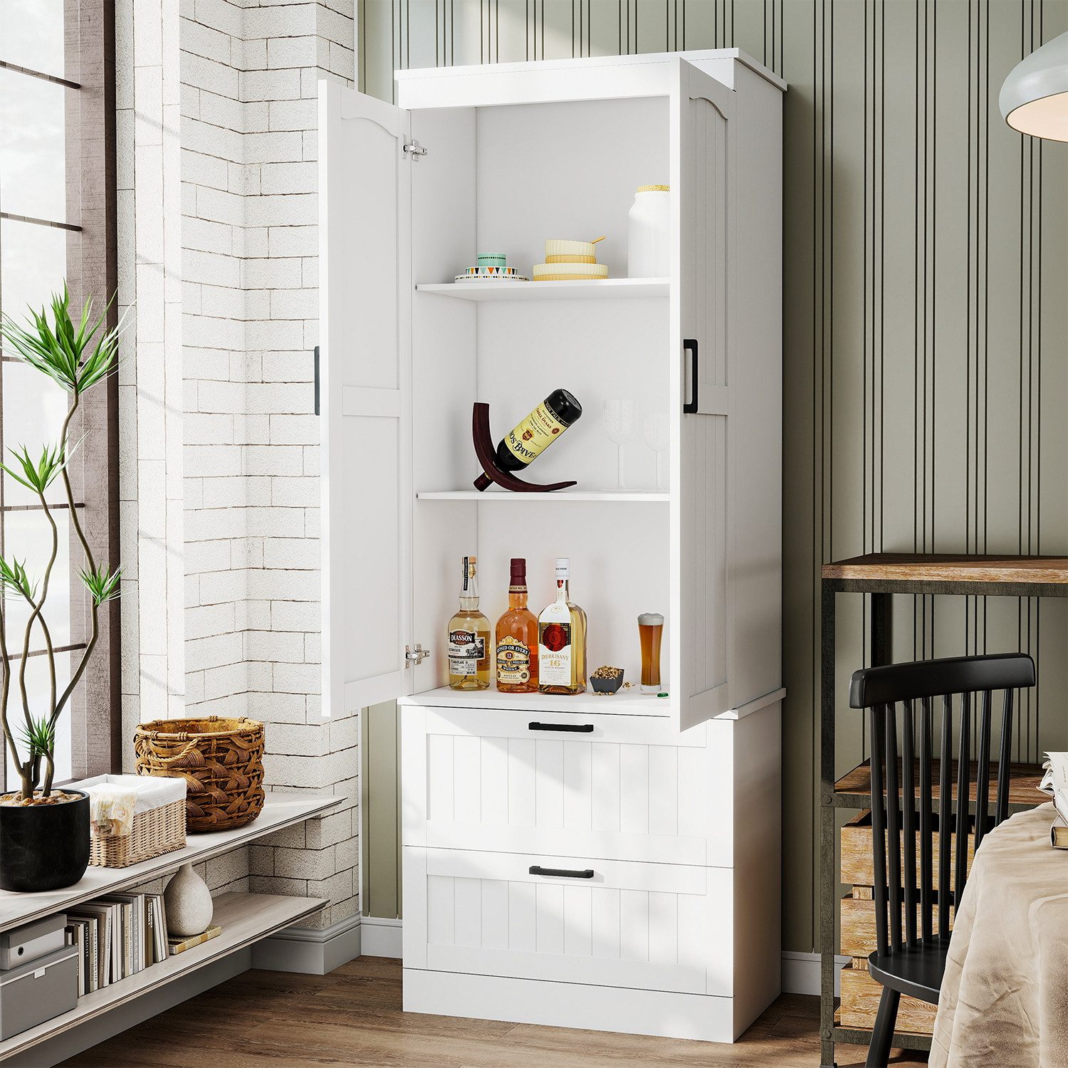 oyajia Hochschrank Mehrzweckschrank,Küchenschrank, 2 Türen und 2 Schubladen (Höhe 150cm mit variabel verstellbaren Einlegeböden) Vorratschrank, Weiß 30 x 60 x 150 cm (T x B x H)