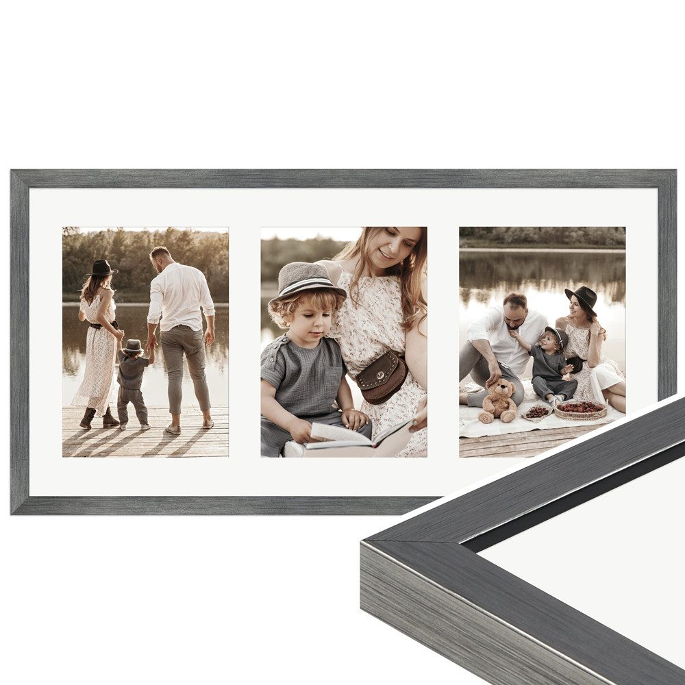 WANDStyle Galerierahmen G950 25x50 cm, für 3 Bilder, im Format 13x18 cm, aus Massivholz in der Farbe Metall