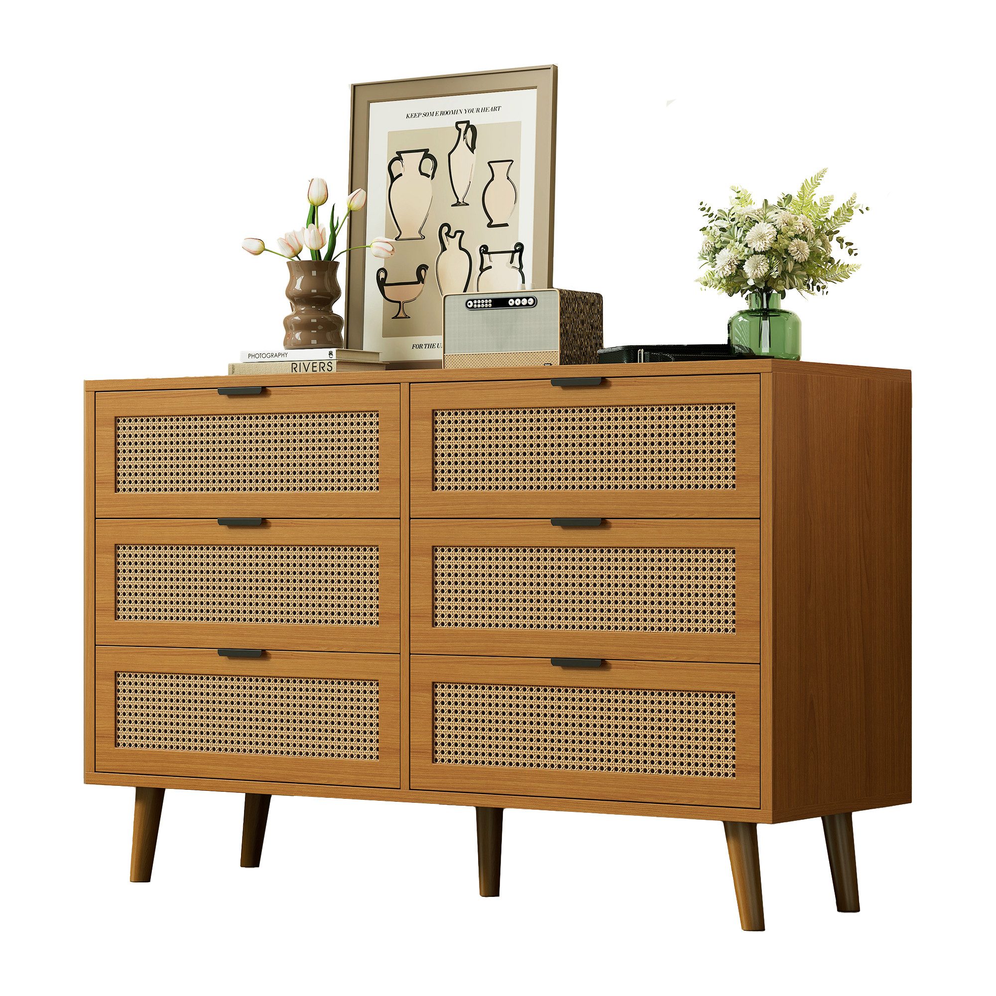 Merax Kommode mit 6 Schubladen, Schubkastenkommode,Sideboard Rattan geflecht,Massivholzbeine,B:120cm
