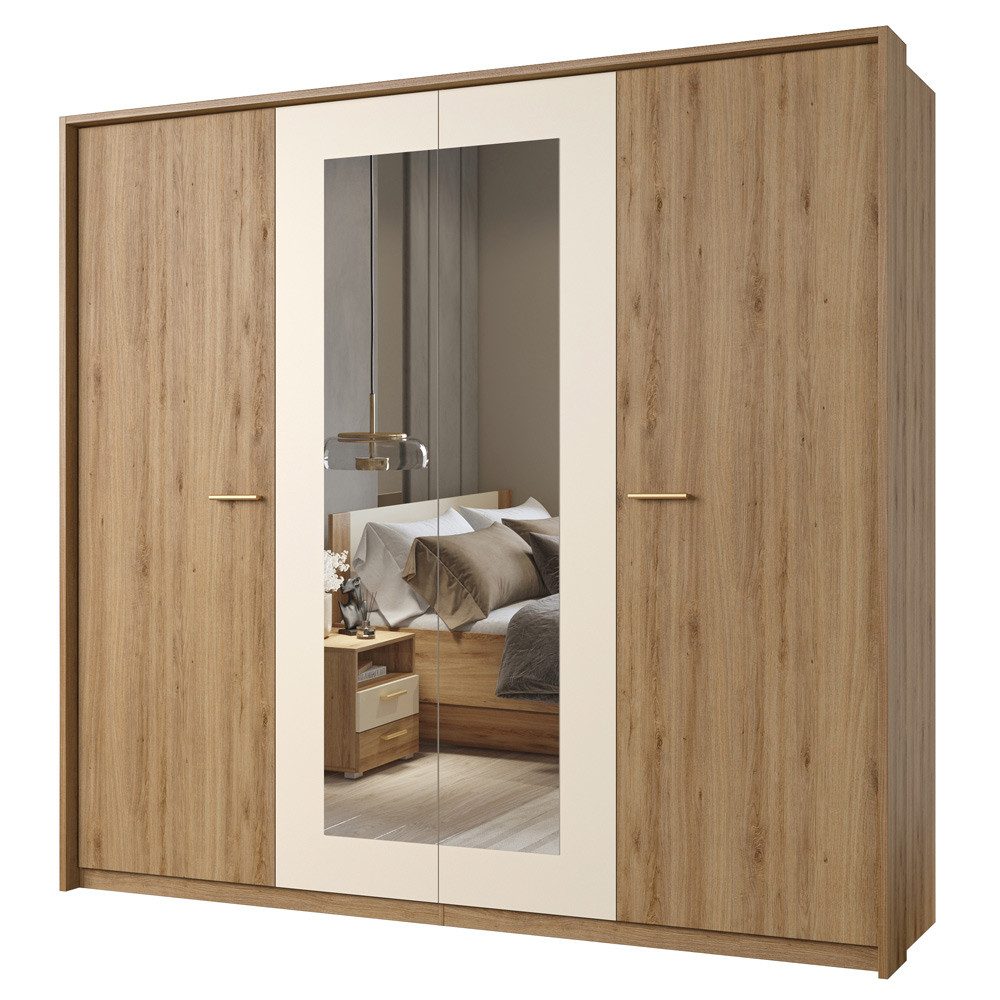Lomadox Kleiderschrank VARESE-83 Eiche mit beige 4-trg. Spiegel Passepartout Rahmen 183,8x216,2x78,6 cm