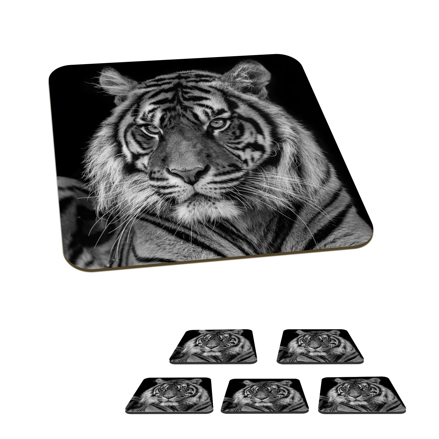 MuchoWow Glasuntersetzer Tierprofil Sumatra-Tiger in Schwarz und Weiß, Zubehör für Gläser, 6-tlg., Glasuntersetzer, Tischuntersetzer, Korkuntersetzer, Untersetzer, Tasse