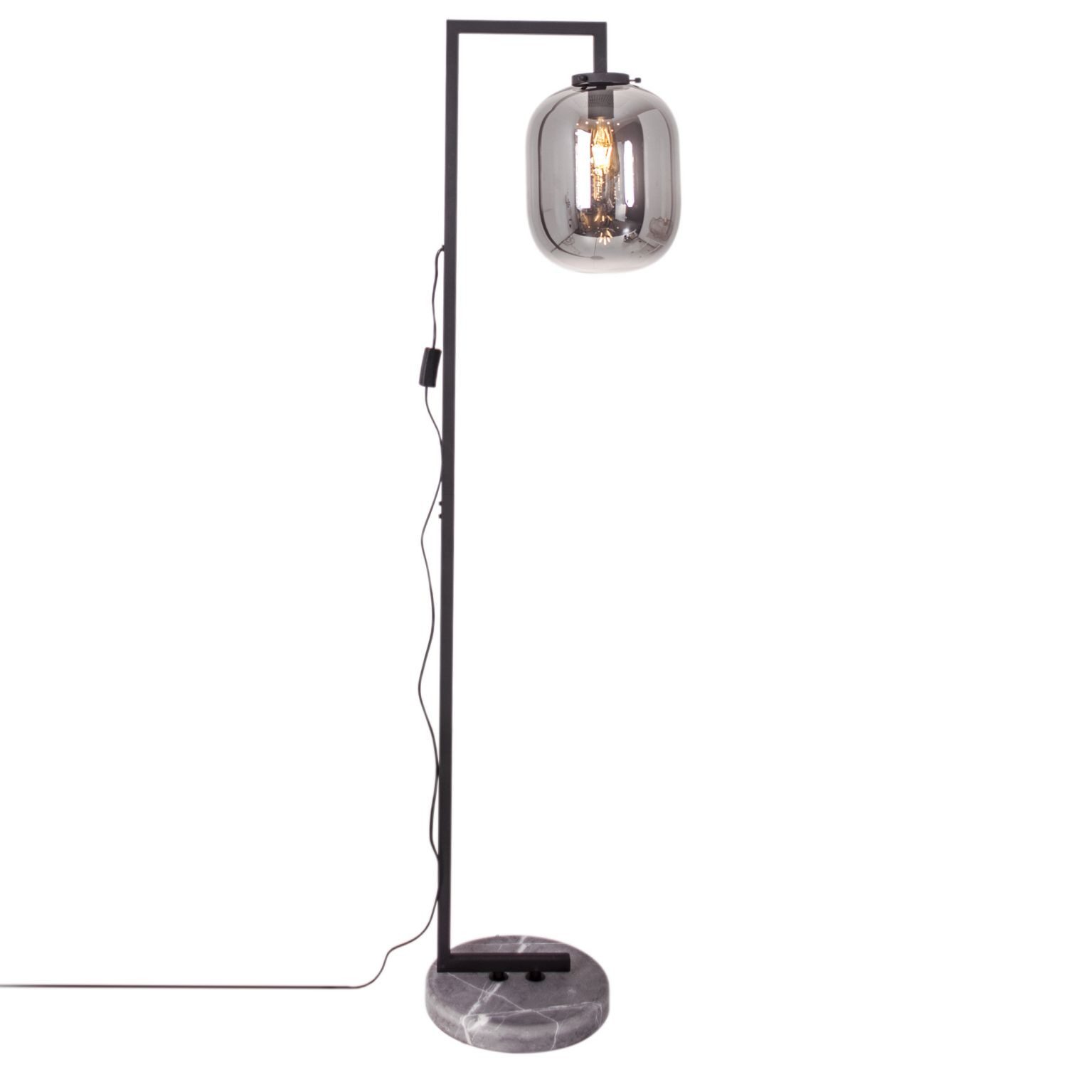 Licht-Erlebnisse Stehlampe ROALD, ohne Leuchtmittel, Rauchglas Metall Marmor Sockel 150 cm Schwarz Grau E27 Kabelschalter