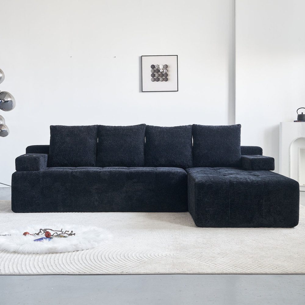BBG Loungesofa Chenille Ecksofa L-Form 4-Sitzer mit Schlaffunktion, Sofa mit Getränkehalter & Stauraum, umkehrbare Chaise Lounge, Wohnlandschaft modern
