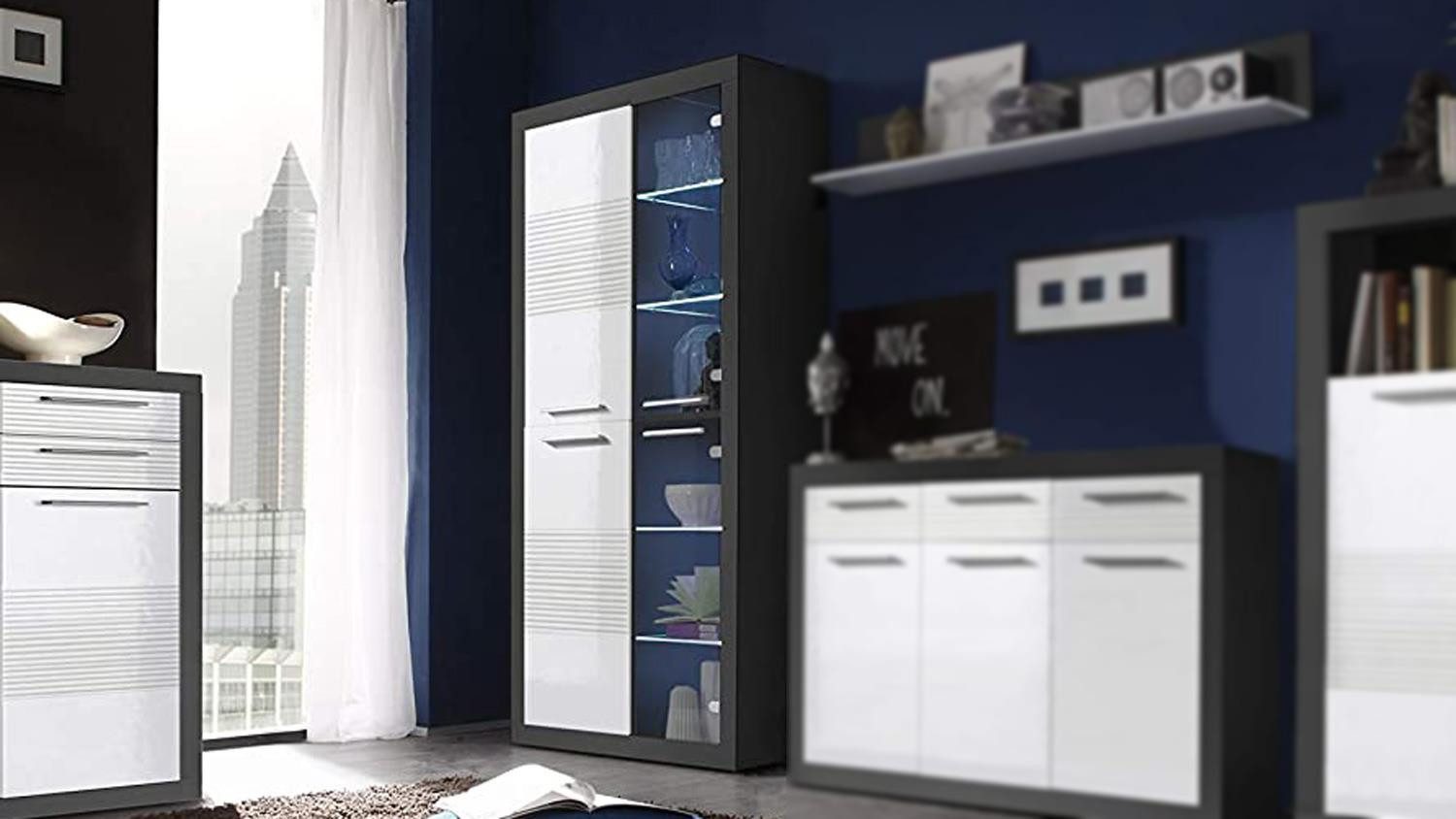 Bega Consult Vitrine Vitrine Kolibri grau MDF weiß Hochglanz mit LED