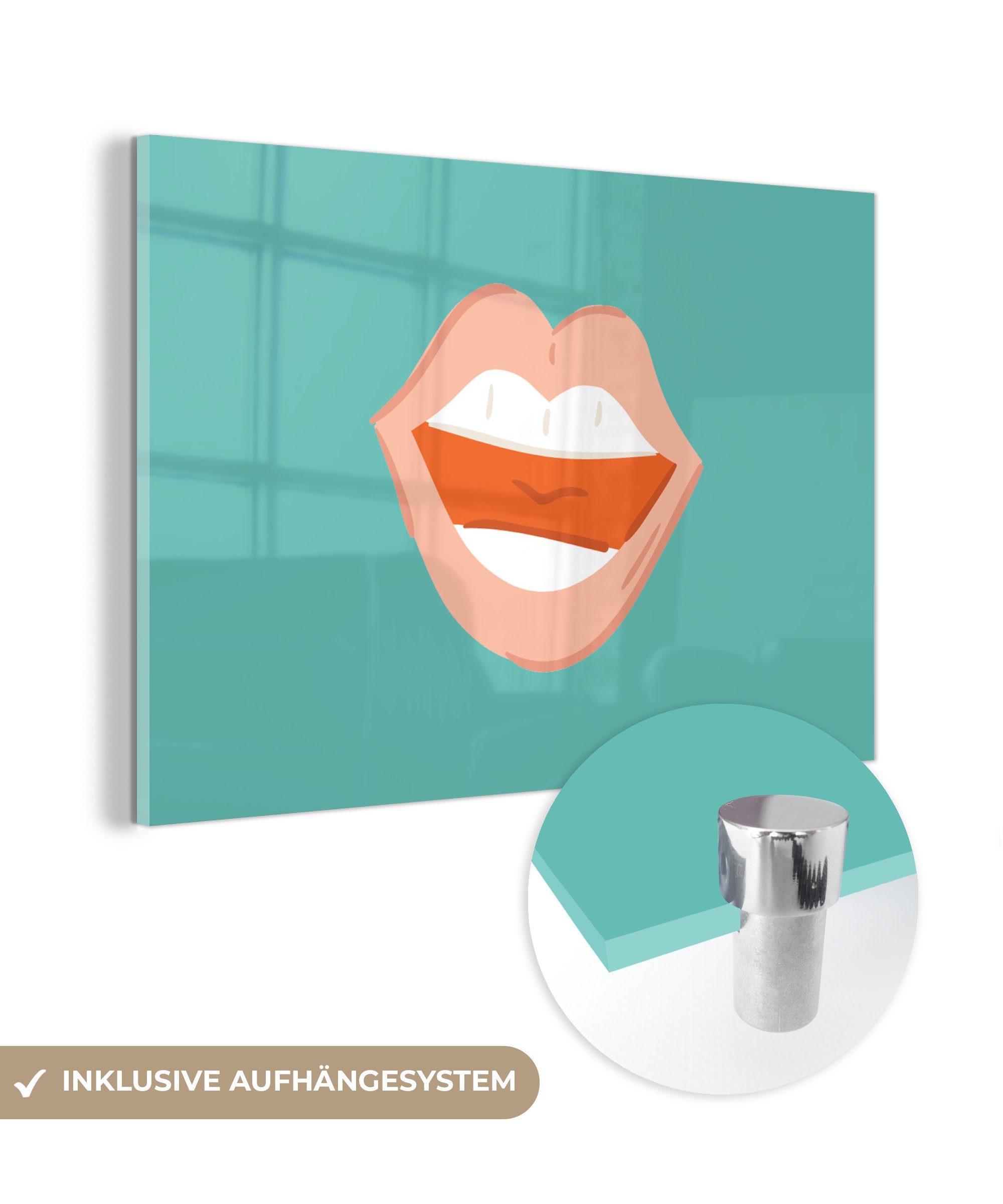 MuchoWow Acrylglasbild Blau - Mund - Lippenstift, (1 St), Glasbilder - Bilder auf Glas Wandbild - Foto auf Glas - Wanddekoration