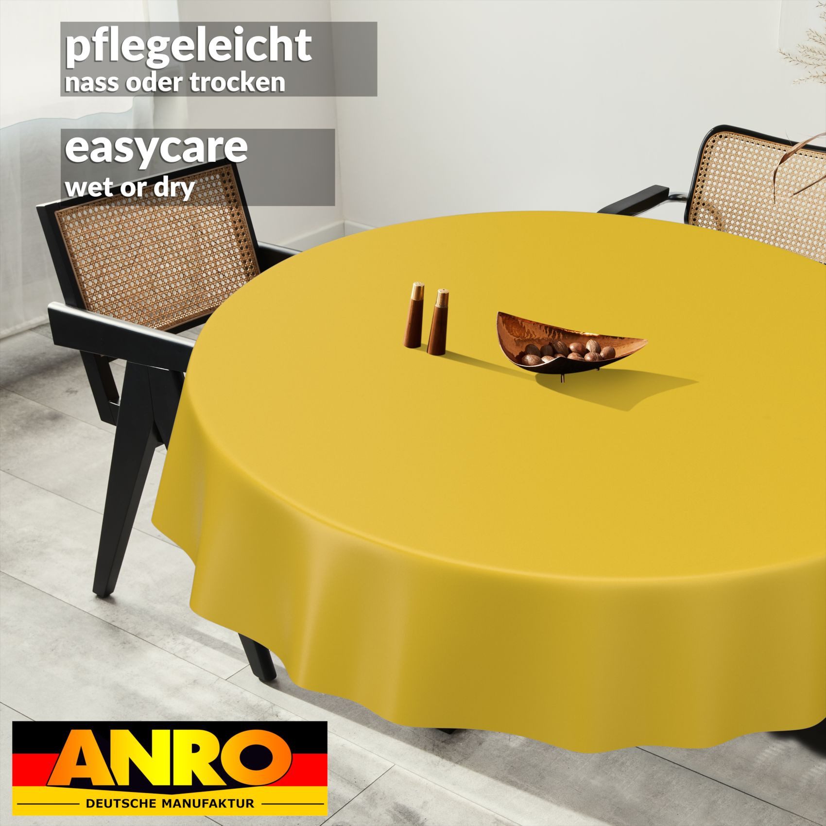 ANRO Tischdecke abwaschbar Wachstuch-Tischdecke Gartentischdecke (Einzelstück 1-tlg), wasserabweisend Einfarbig Gelb Breite 140cm