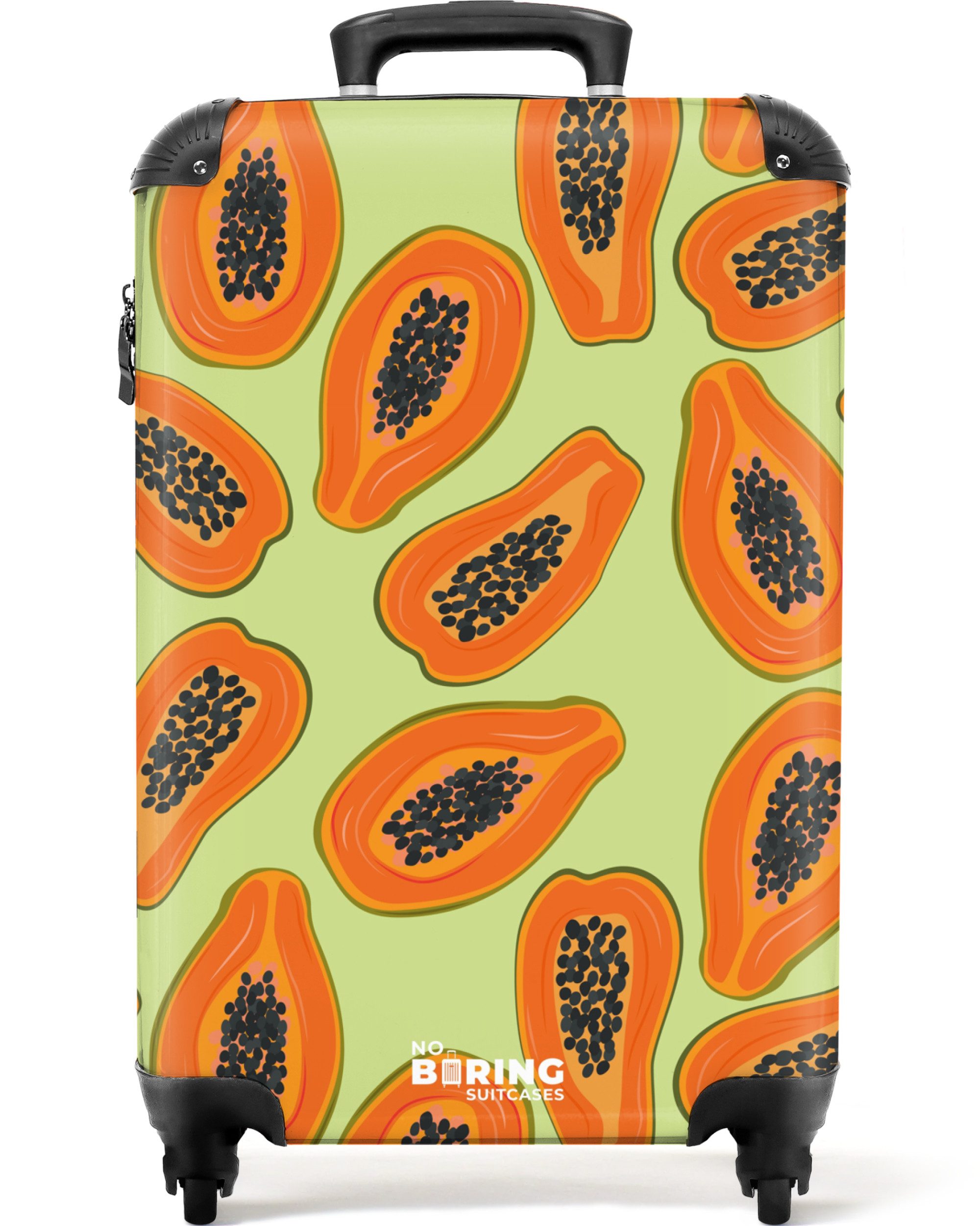 NoBoringSuitcases.com© Hartschalen-Trolley Grün mit orangefarbener Papaya günstig online kaufen