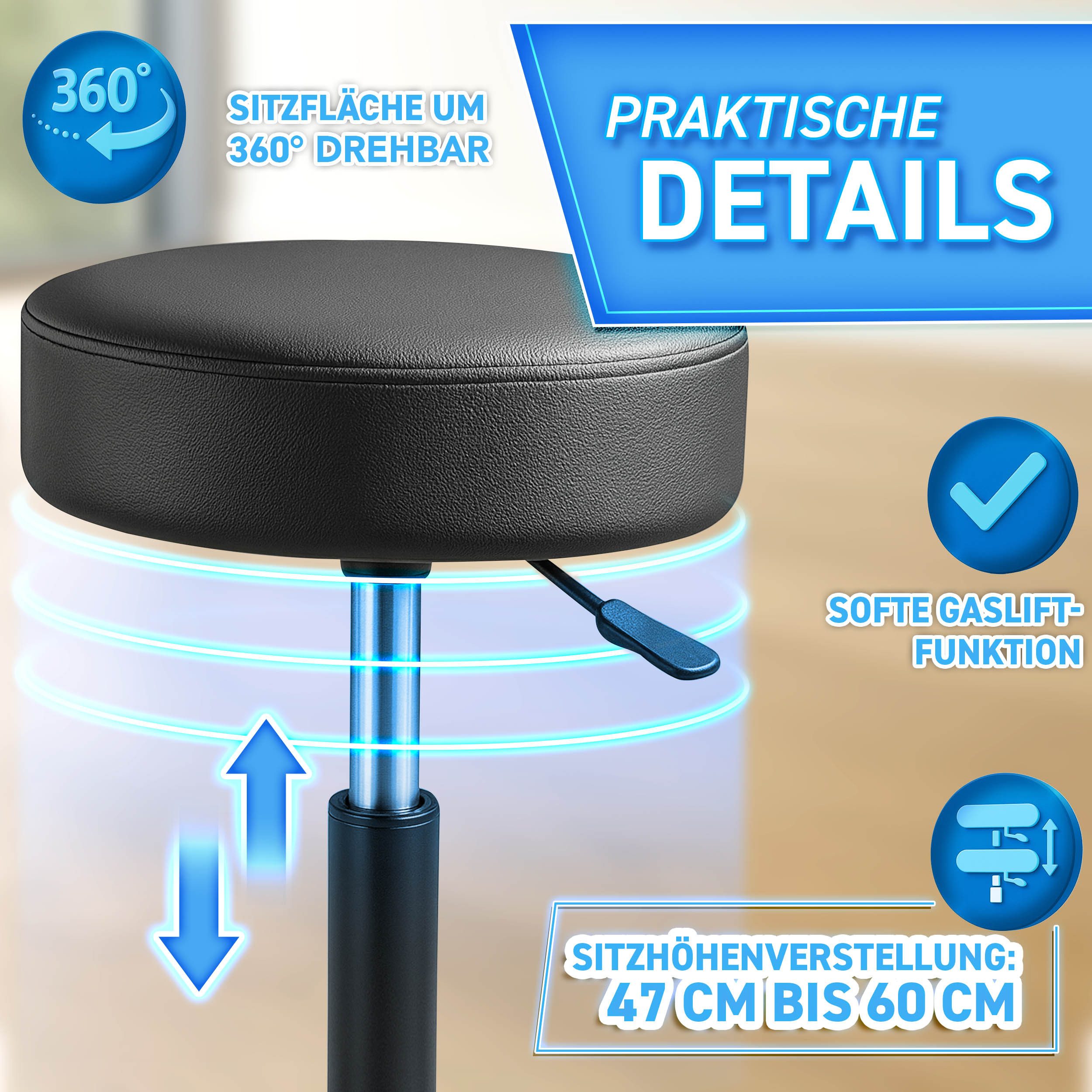 TRESKO Drehhocker Rollhocker höhenverstellbar, 10 cm Dicke Polsterung, Arbeitshocker Hocker 360° drehbar