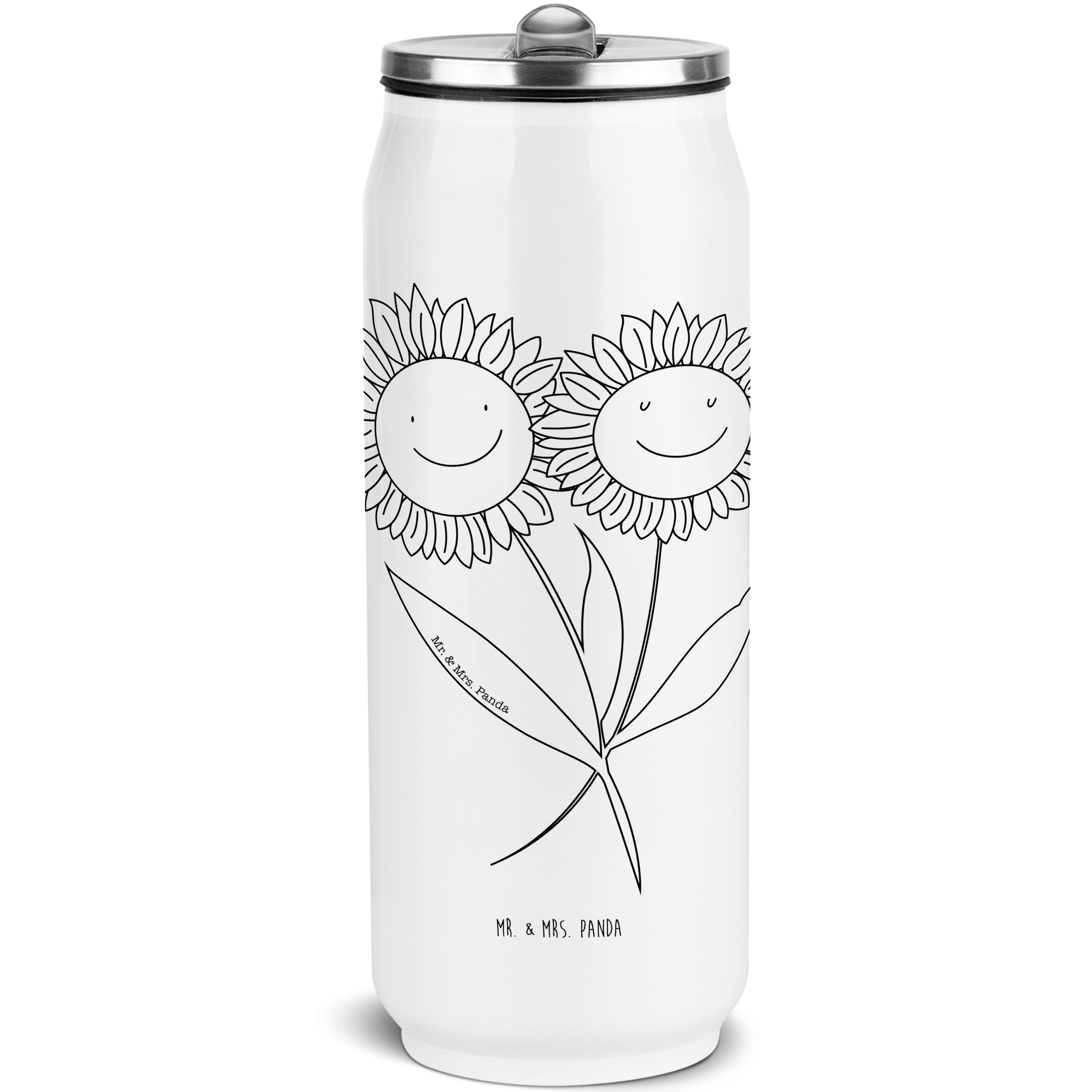 Mr. & Mrs. Panda Isolierflasche Blume Sonnenblume - Weiß - Geschenk, Sommer Deko, Blumen, Trinkflasch, integrierter Trinkhalm