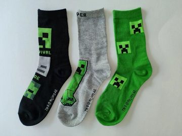 Minecraft Freizeitsocken 3x Minecraft Kindersocken Socken Jungen + Mädchen 31/34, 35/38, 39/42 (Sockenset, 3 Paar) eingesticktes Minecraft Logo