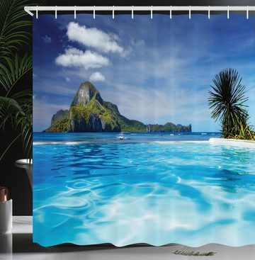 Abakuhaus Duschvorhang Moderner Digitaldruck mit 12 Haken auf Stoff Wasser Resistent Breite 175 cm, Höhe 180 cm, Türkis Meer Berg Palms