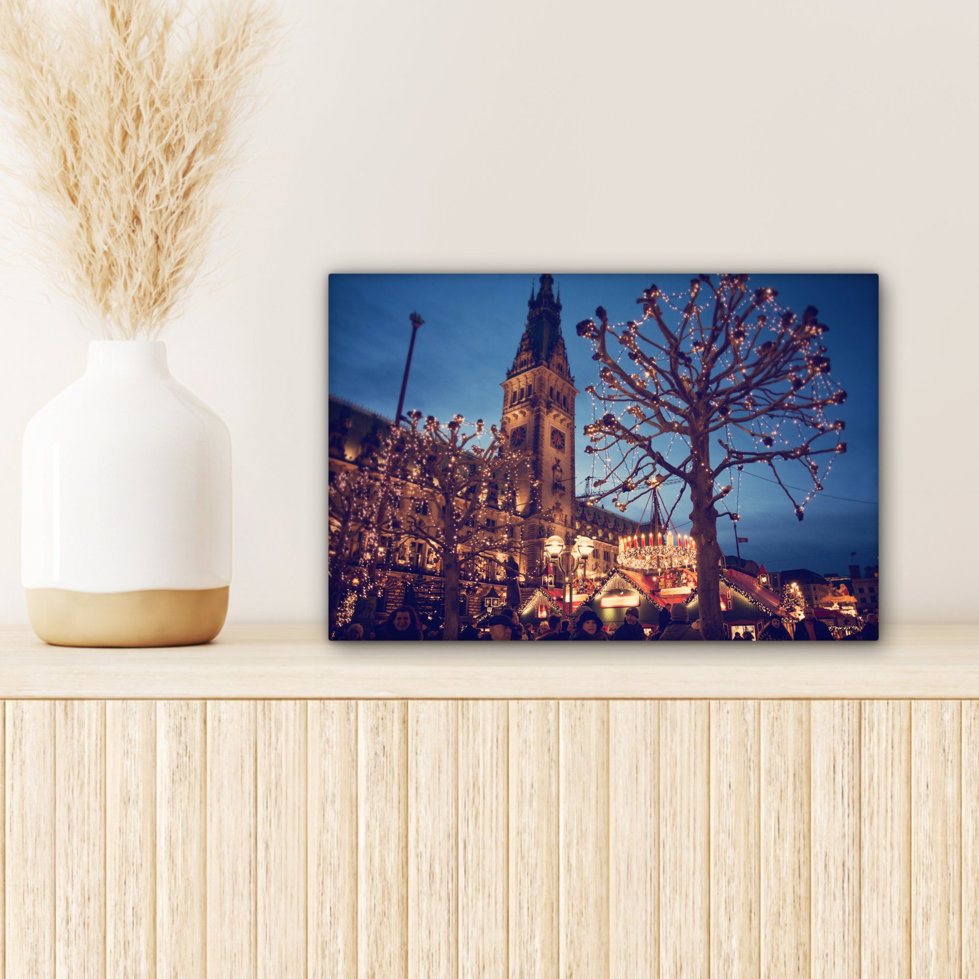 OneMillionCanvasses® Leinwandbilder, Markt Aufhängefertig, Wandbild Leinwandbild Weihnachten cm Wanddeko, St), (1 - - 30x20 Hamburg,