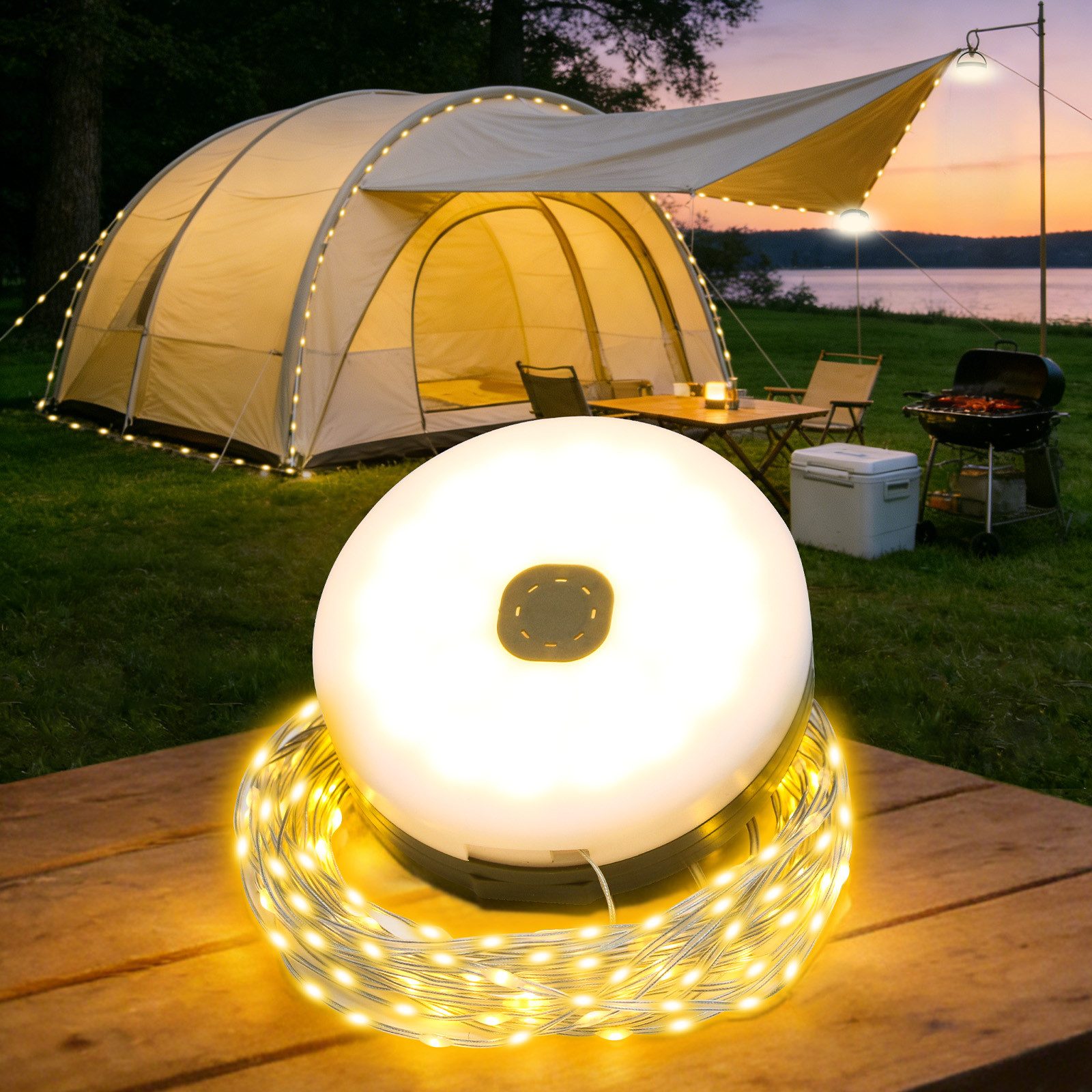 OZAVO LED-Lichterkette Camping Lichterkette Aufrollbar 3 in 1 LED-Lichterkette, 100-flammig, 3 Beleuchtungsmodi für Camping, Zelt,Hof und Häuser (10M)